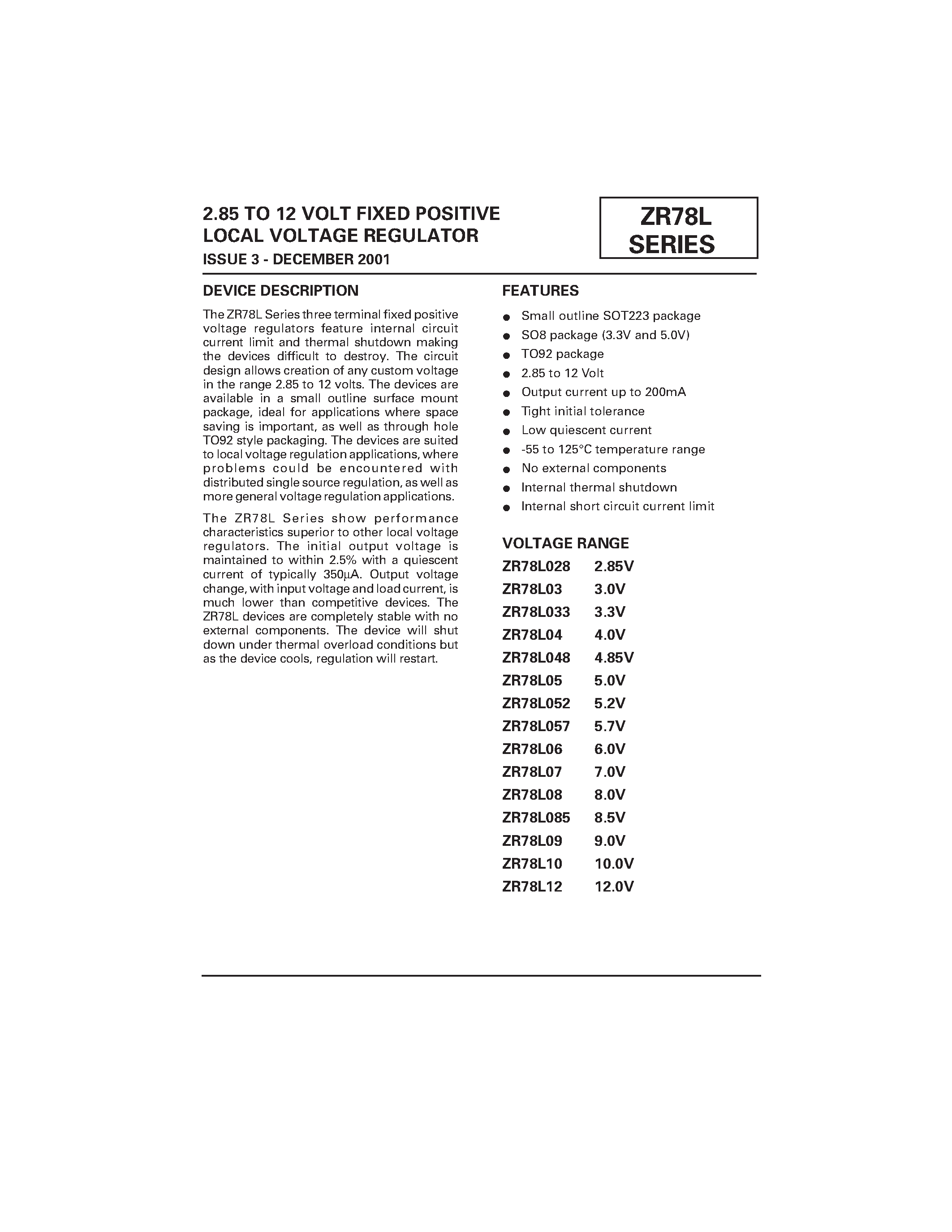 Datasheet ZR78LsN8 - 2.85 TO 12 VOLT FIXED POSITIVE LOCAL VOLTAGE REGULATOR page 1