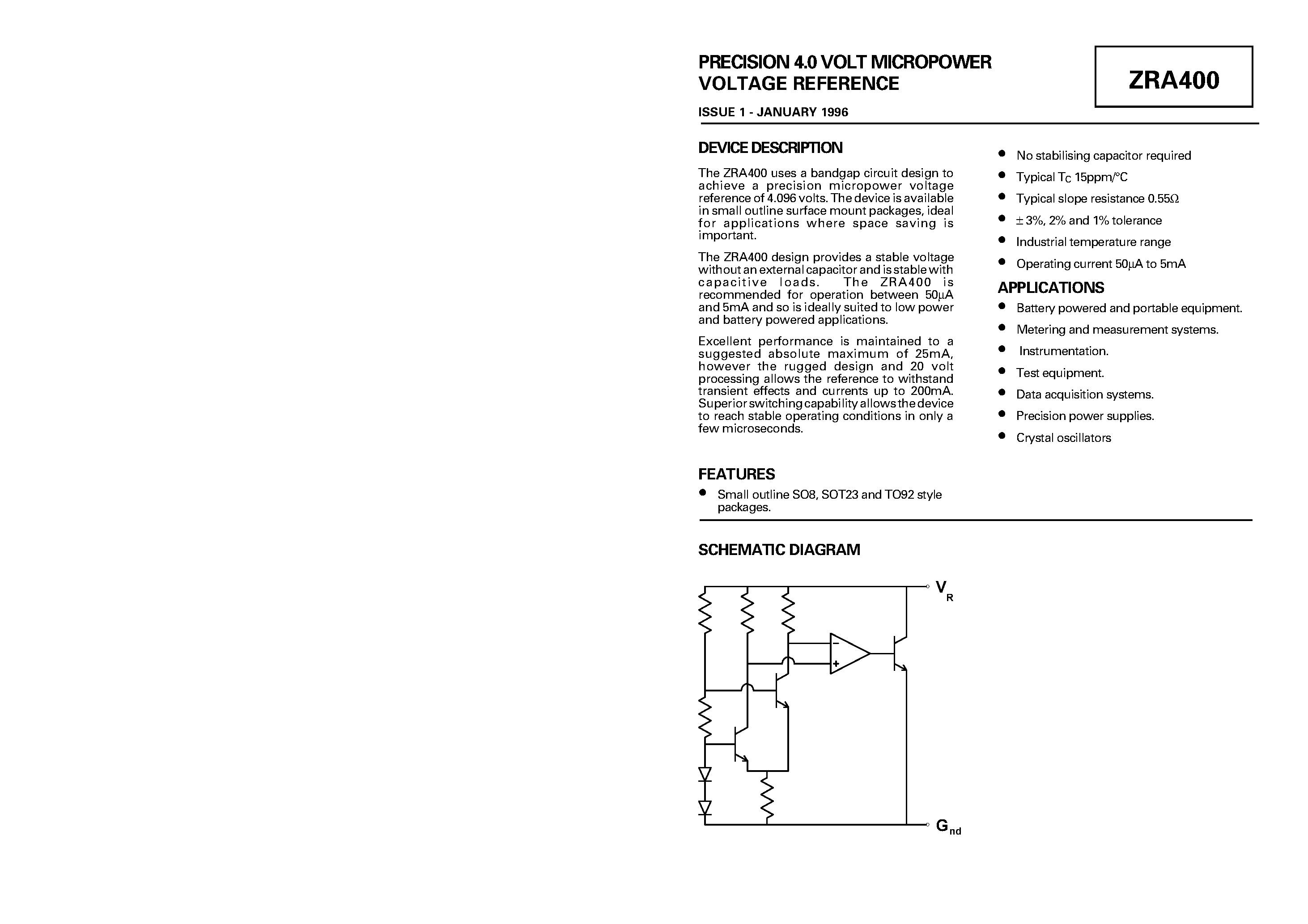 Datasheet ZRA400F01 - PRECISION 4.0 VOLT MICROPOWER page 1