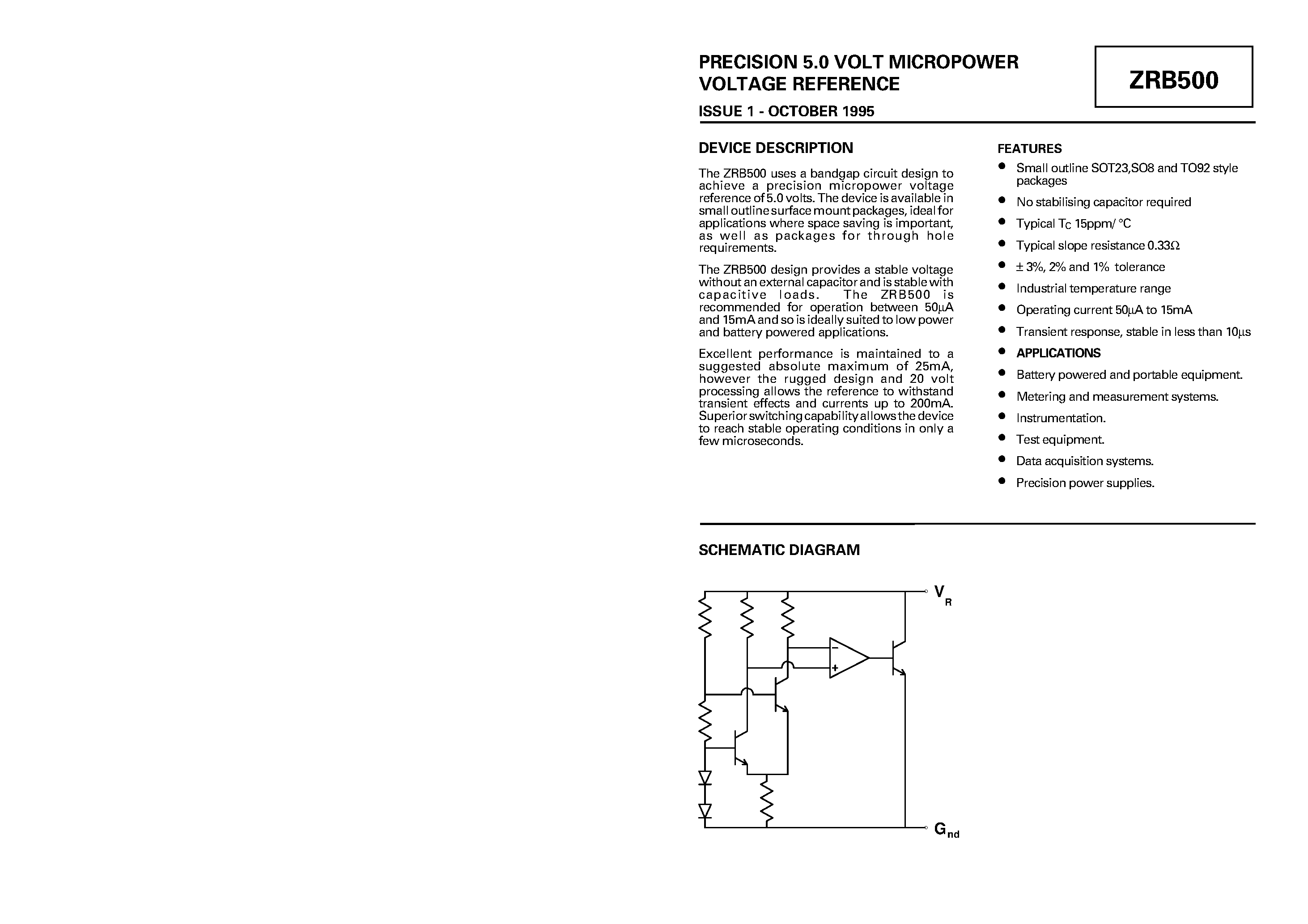 Datasheet ZRB500 - PRECISION 5.0 VOLT MICROPOWER VOLTAGE REFERENCE page 1