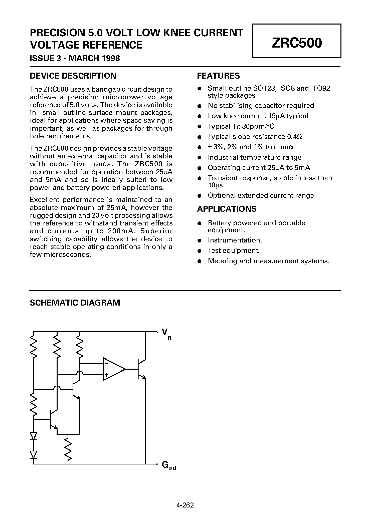 Datasheet ZRC500 - PRECISION 5.0 VOLT LOW KNEE CURRENT VOLTAGE REFERENCE page 1