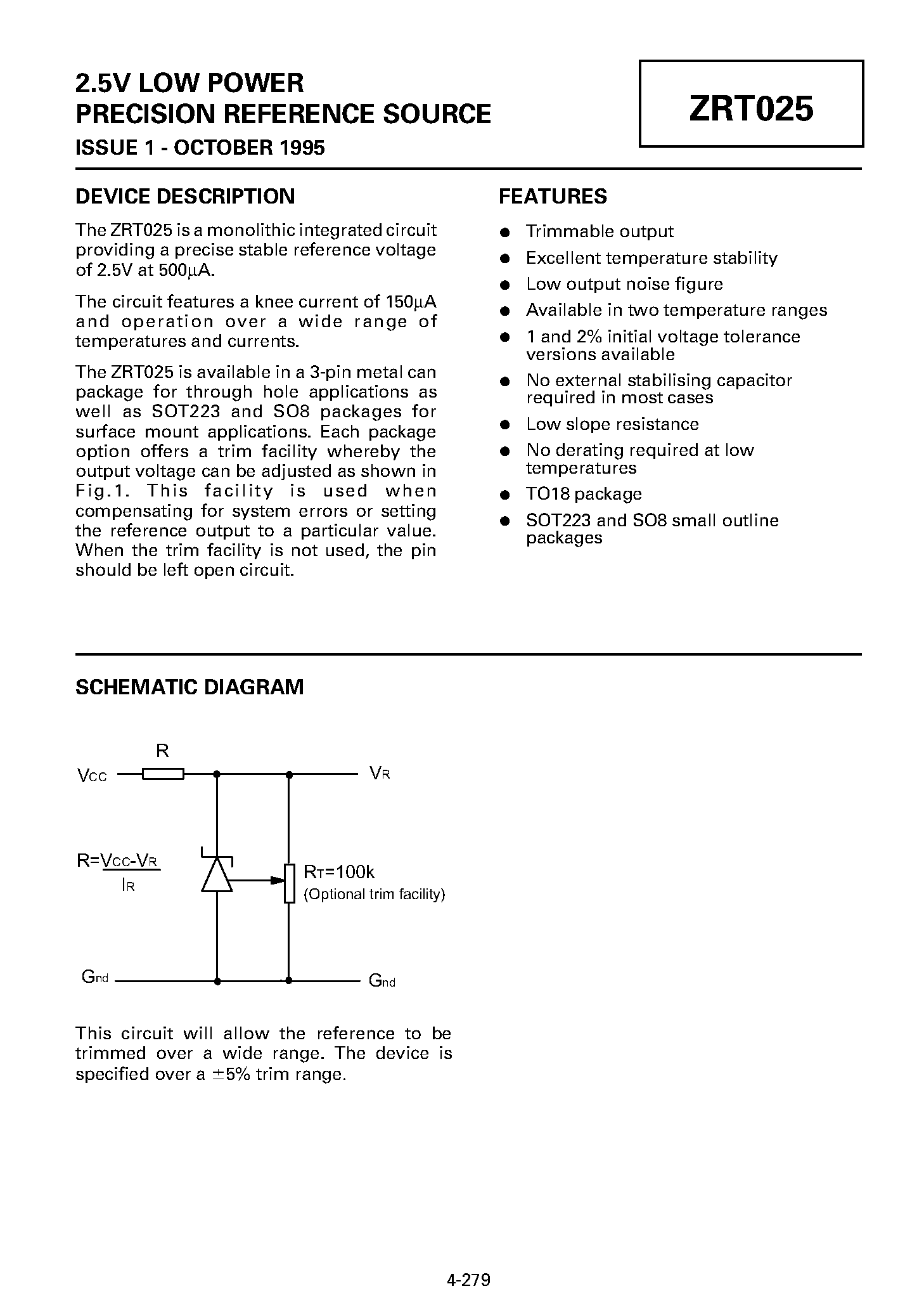 Datasheet ZRT025 - 2.5V LOW POWER PRECISION REFERENCE SOURCE page 1