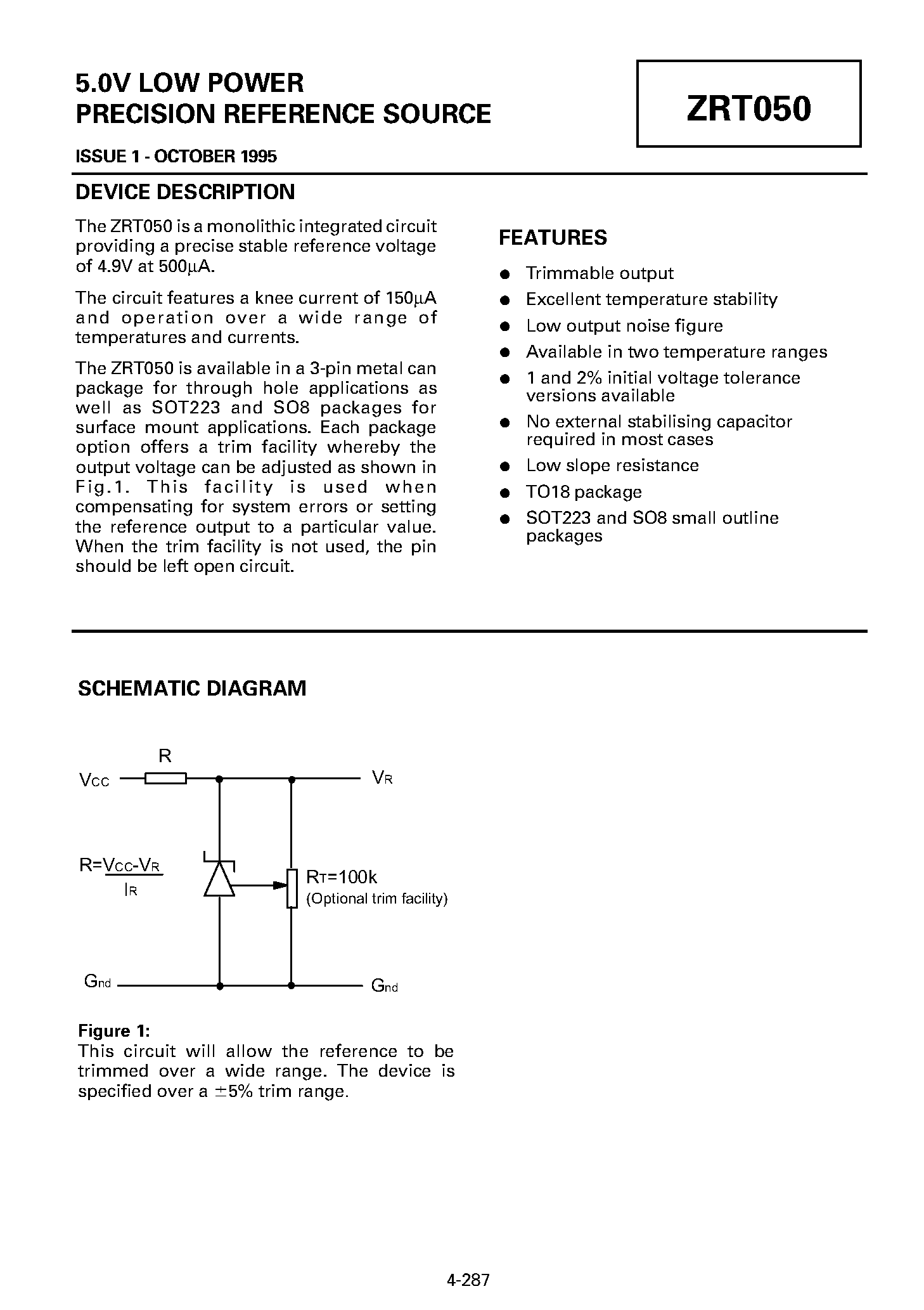 Datasheet ZRT050N8A1 - 5.0V LOW POWER PRECISION REFERENCE SOURCE page 1