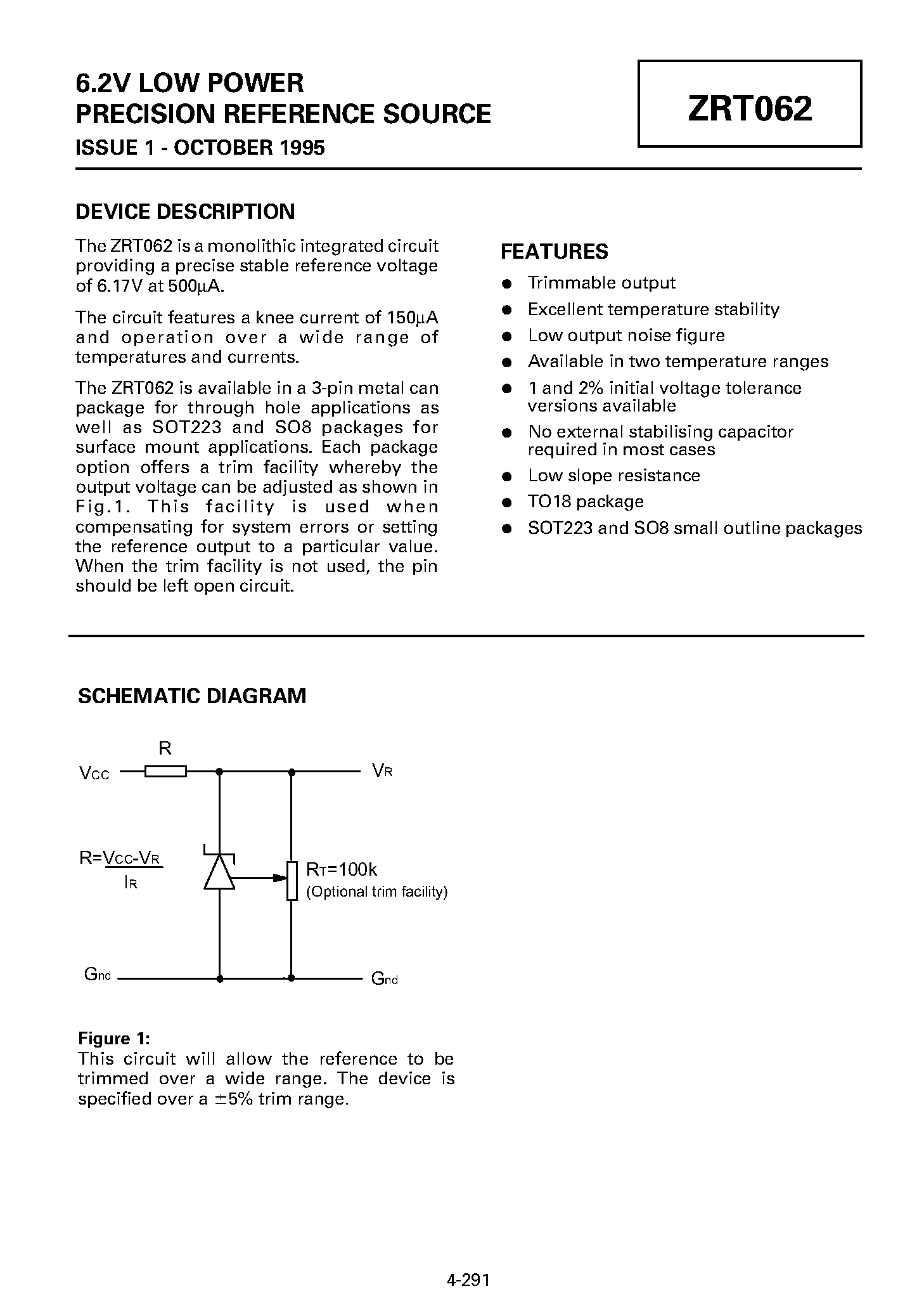 Datasheet ZRT062 - 6.2V LOW POWER PRECISION REFERENCE SOURCE page 1