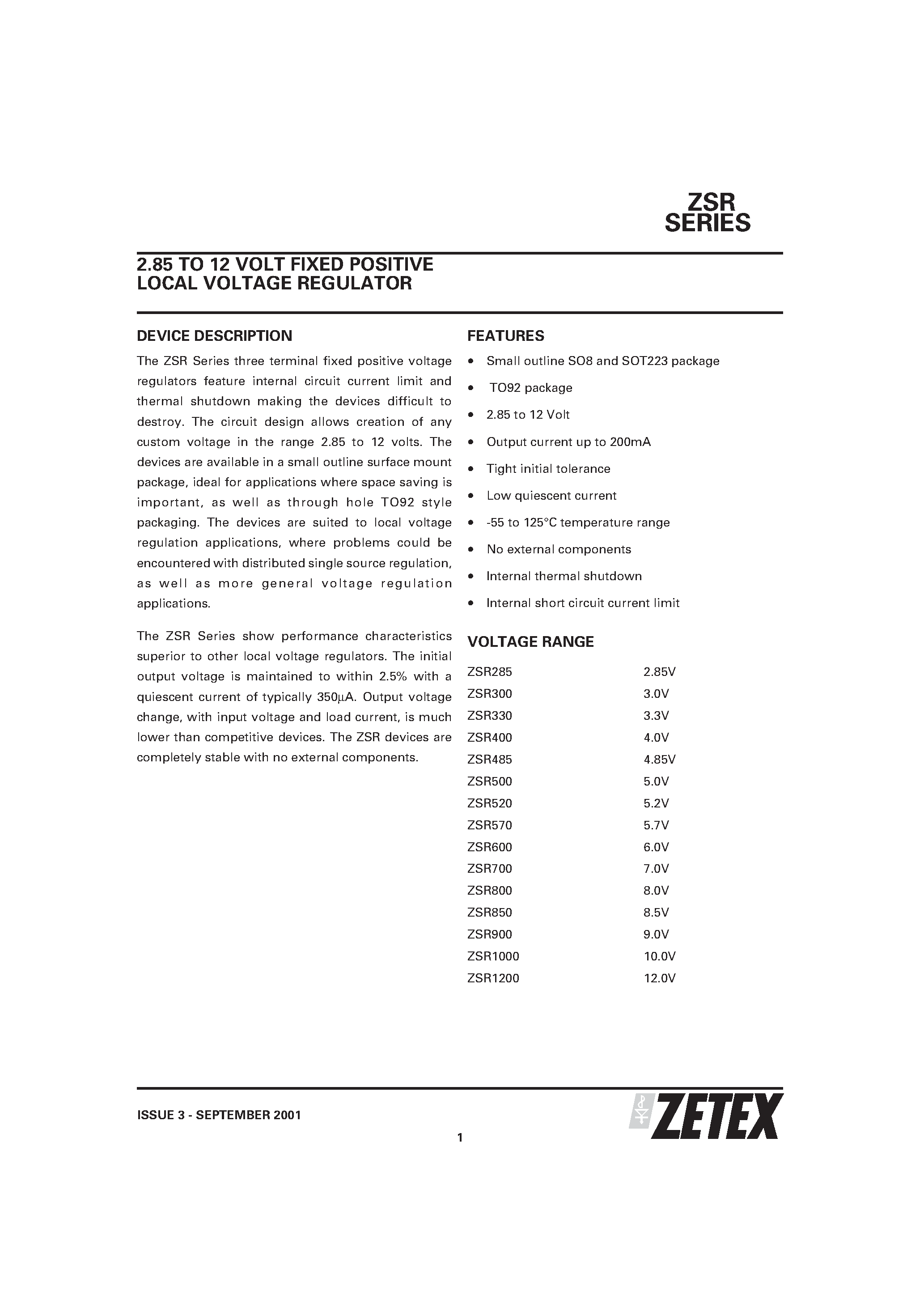 Datasheet ZSR285C - 2.85 TO 12 VOLT FIXED POSITIVE LOCAL VOLTAGE REGULATOR page 1