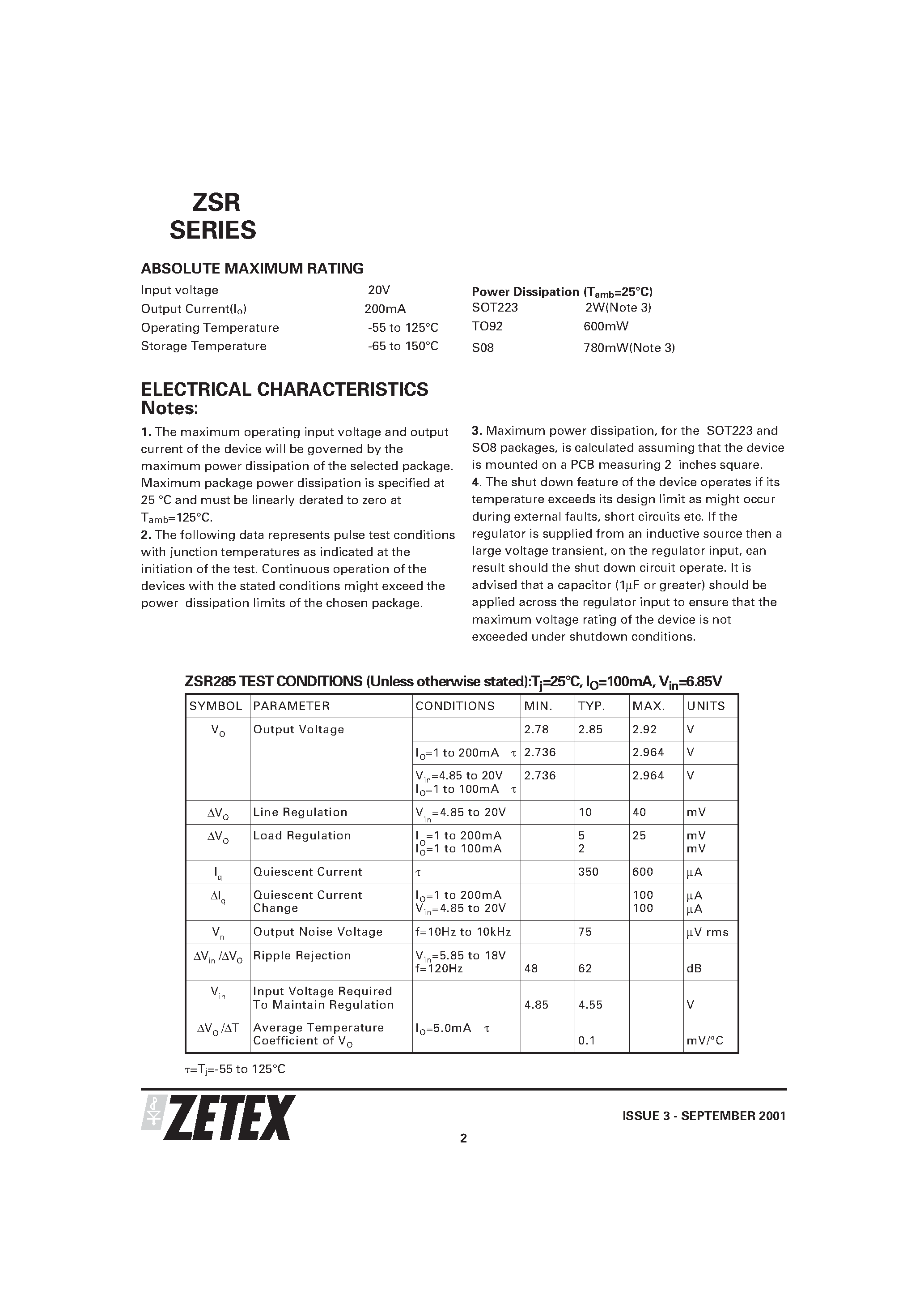 Datasheet ZSR285N8 - 2.85 TO 12 VOLT FIXED POSITIVE LOCAL VOLTAGE REGULATOR page 2