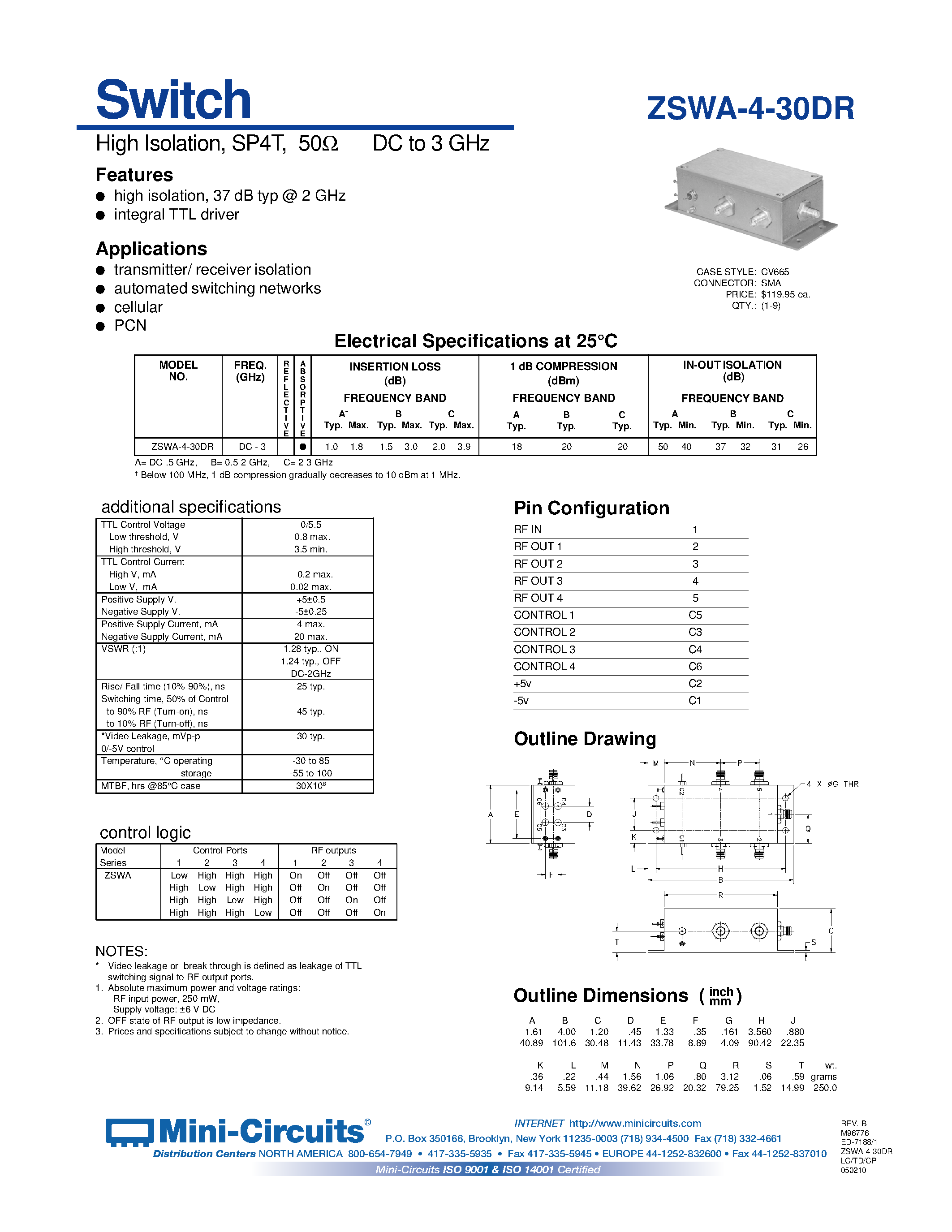 Datasheet ZSWA-4-30DR - Switch High Isolation/ SP4T/ 50 DC to 3 GHz page 1