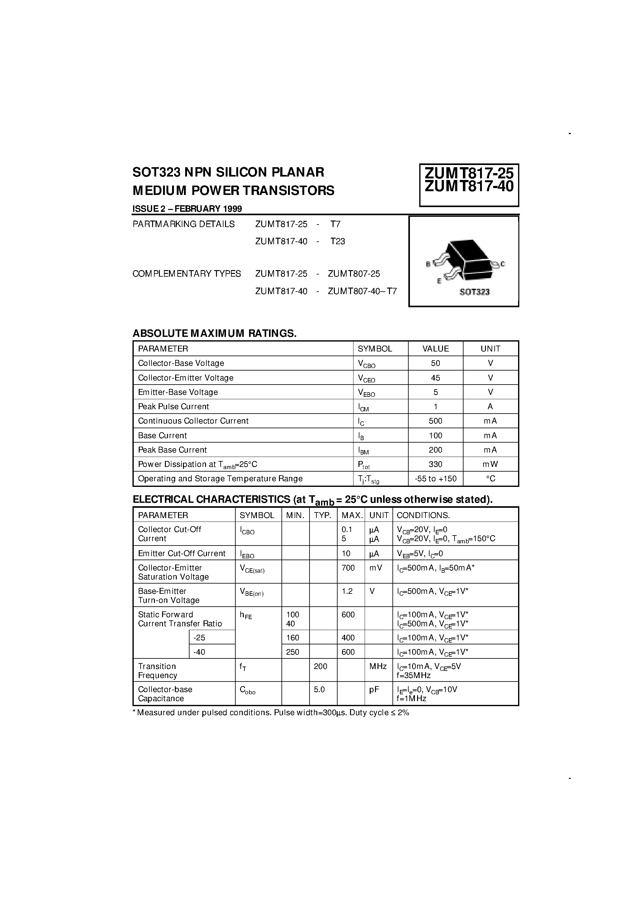 Даташит ZUMT817-40 - NPN SILICON PLANAR MEDIUM POWER TRANSISTORS страница 1