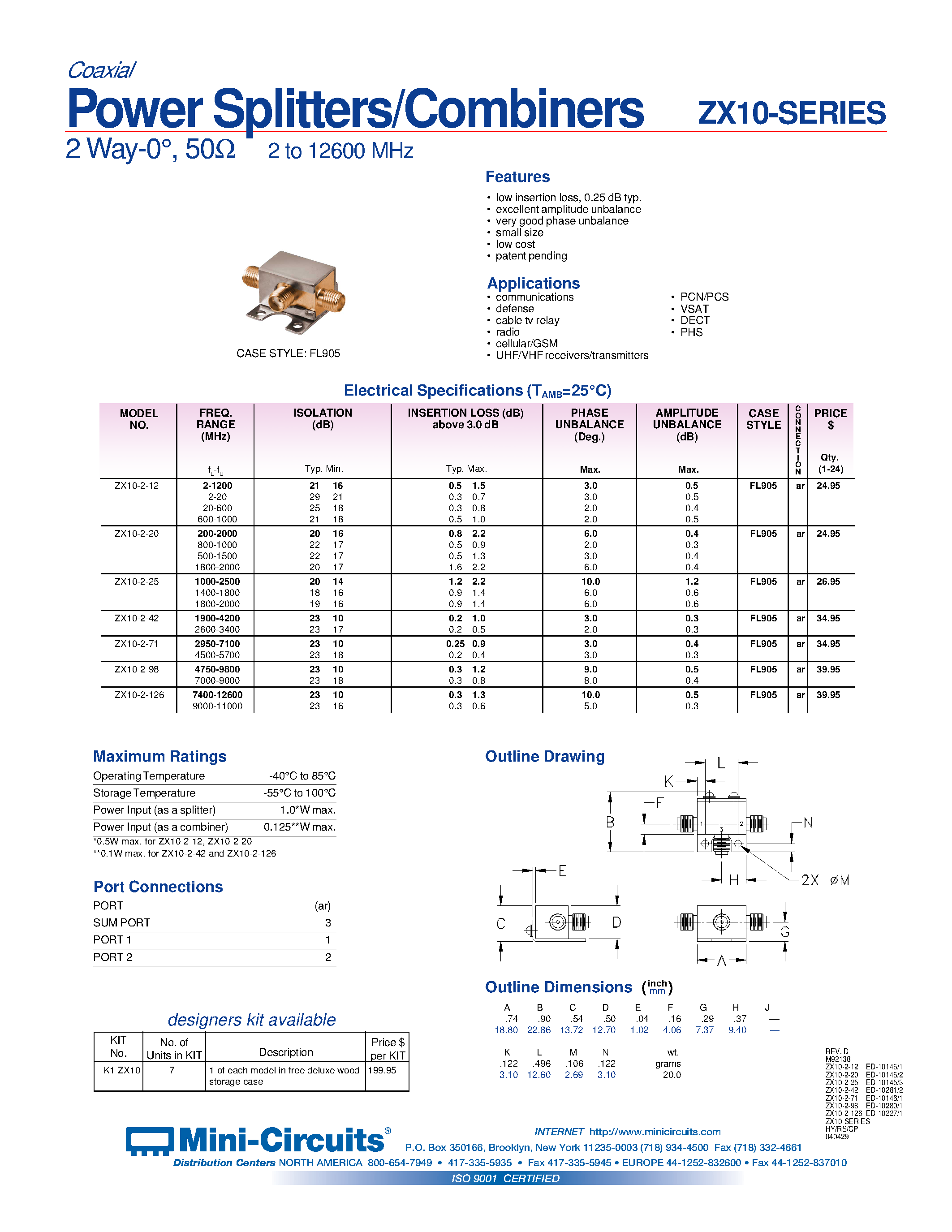 Datasheet ZX10-2-12 - Power Splitters/Combiners 2 Way-0/ 50 2 to 12600 MHz page 1