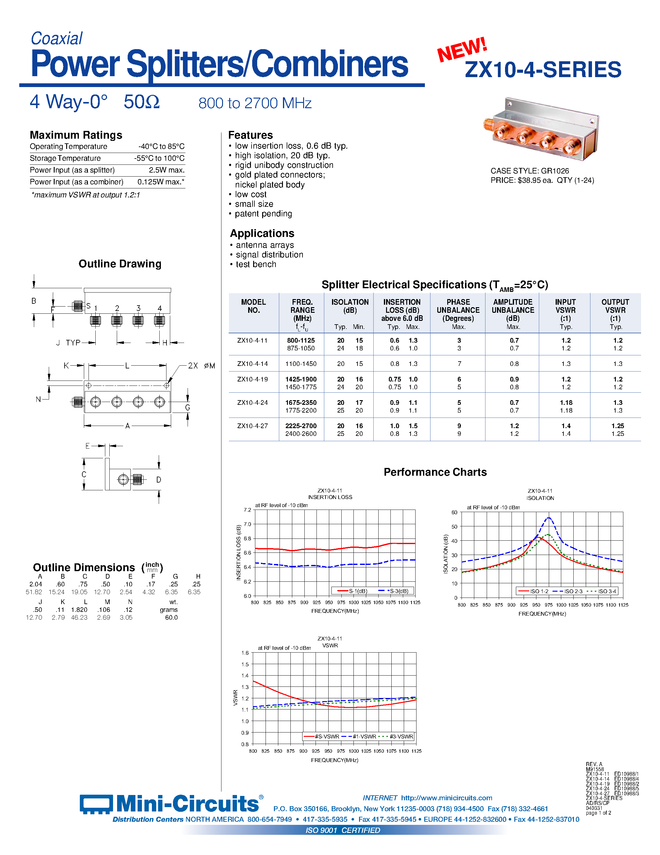 Datasheet ZX10-4-14 - Power Splitters/Combiners 4 Way-0 50 800 to 2700 MHz page 1