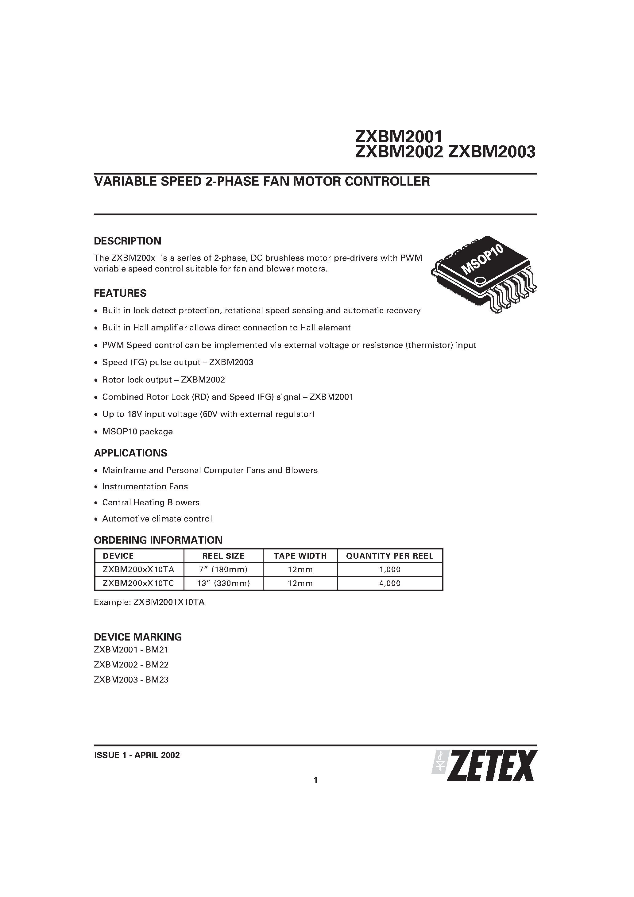 Datasheet ZXBM2001 - VARIABLE SPEED 2-PHASE FAN MOTOR CONTROLLER page 1