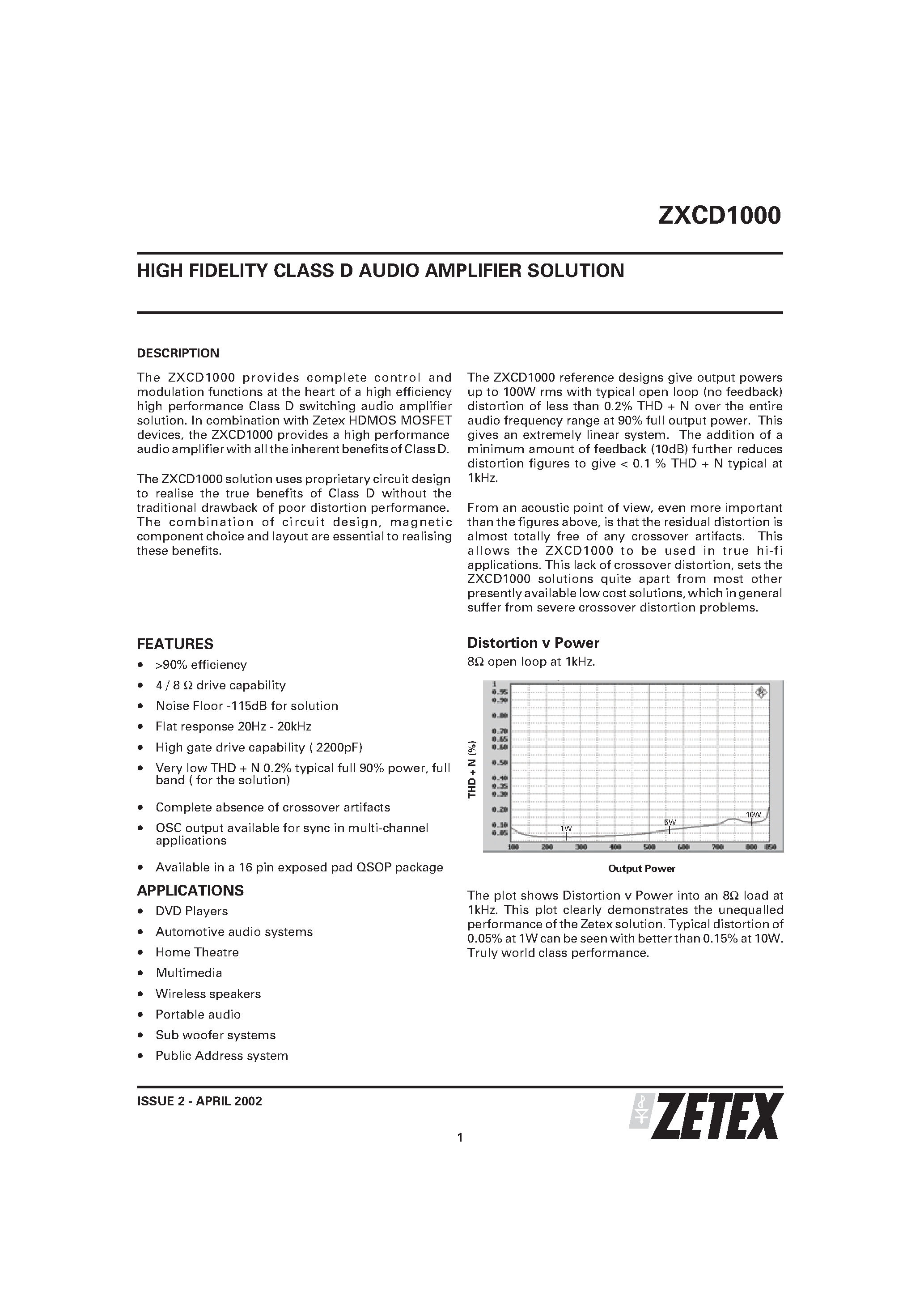 Datasheet ZXCD1000 - HIGH FIDELITY CLASS D AUDIO AMPLIFIER SOLUTION page 1