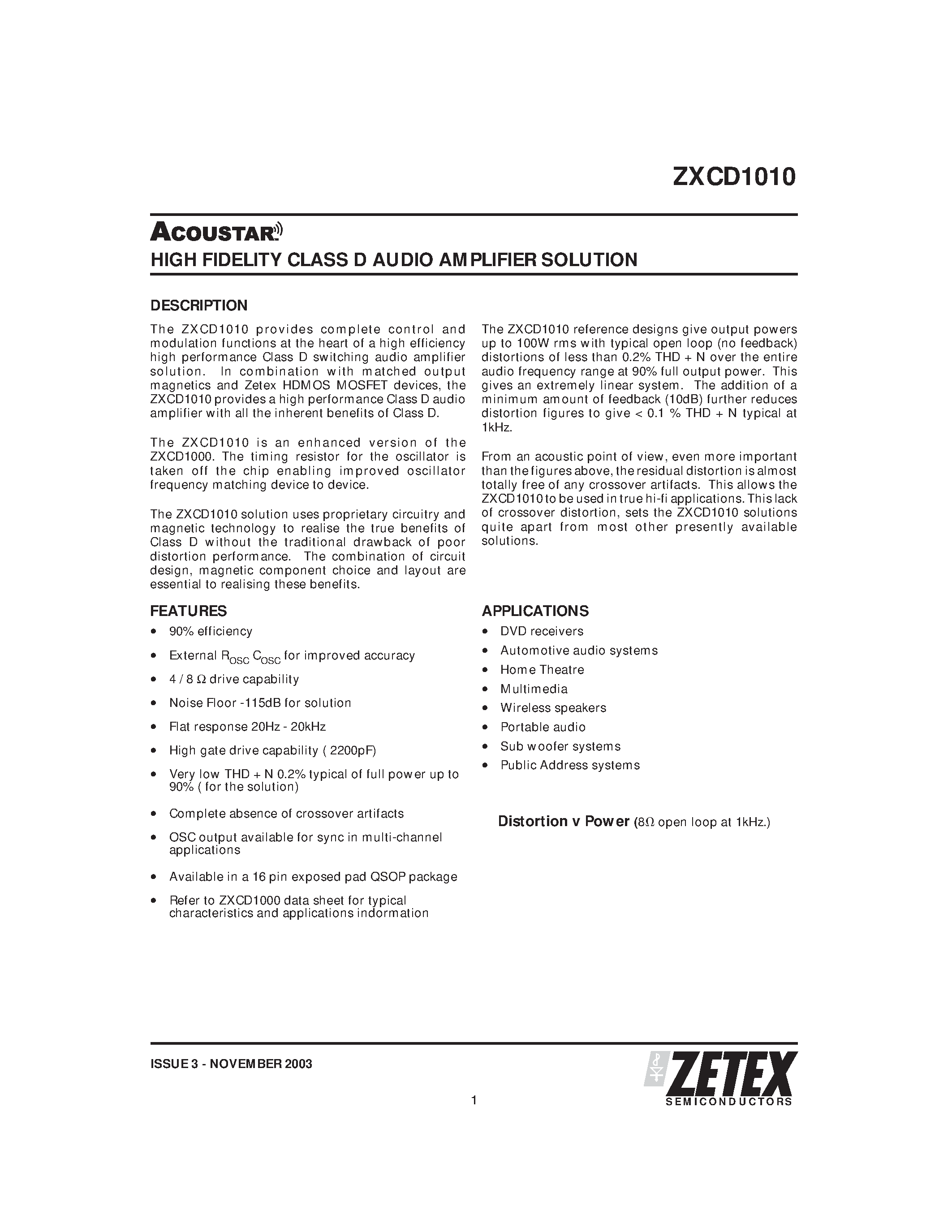 Datasheet ZXCD1010 - HIGH FIDELITY CLASS D AUDIO AMPLIFIER SOLUTION page 1