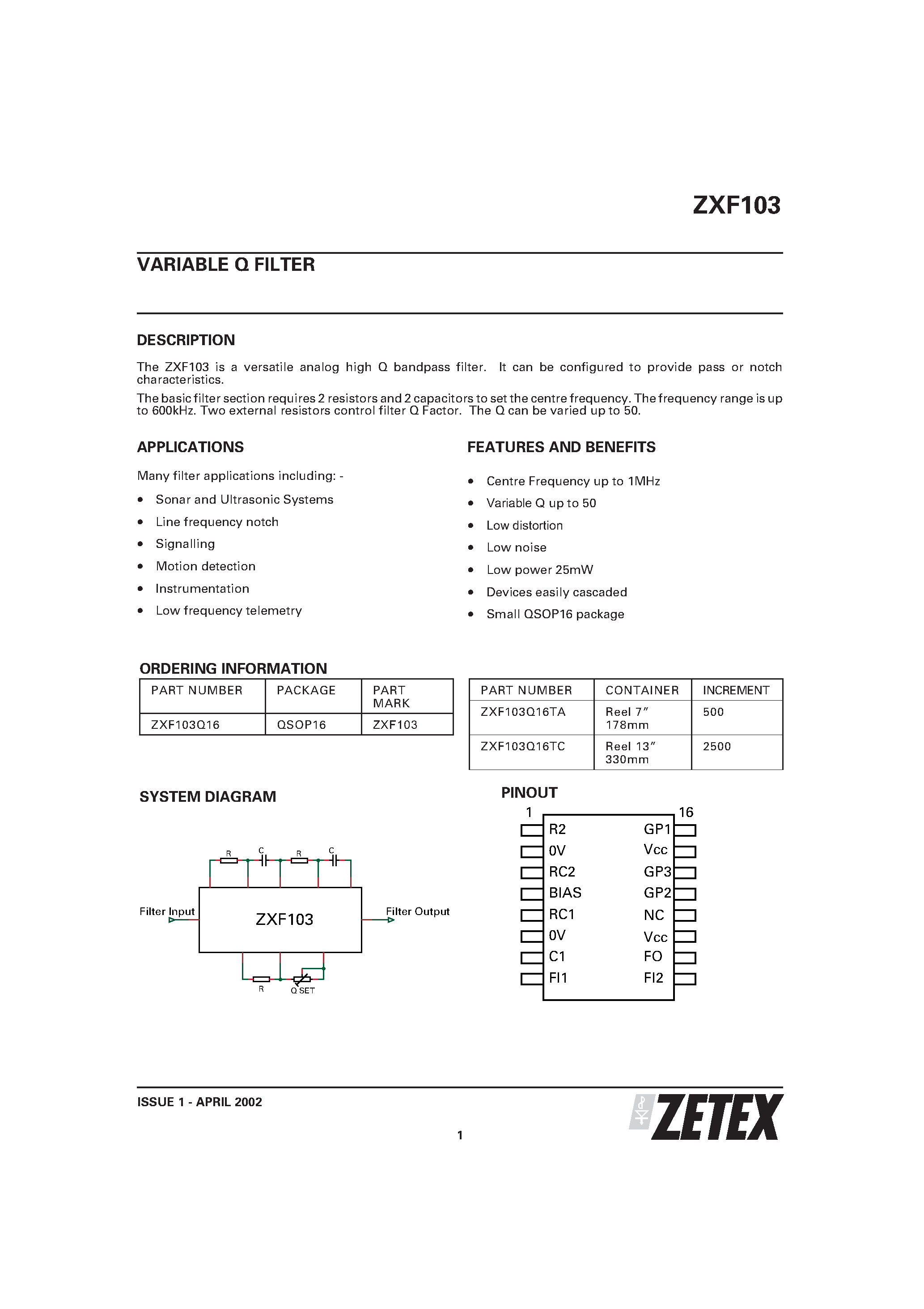 Datasheet ZXF103 - VARIABLE Q FILTER page 1
