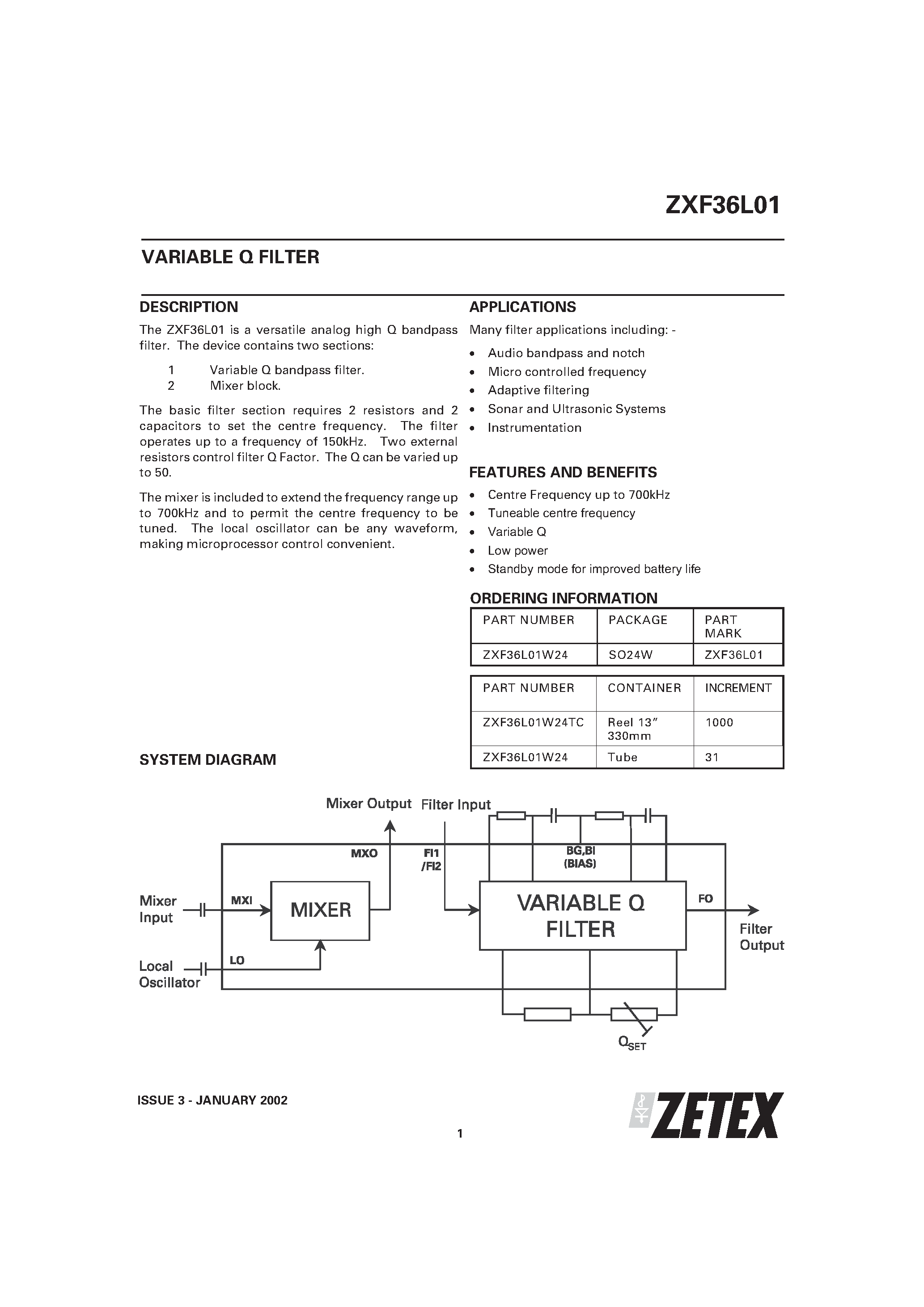 Datasheet ZXF36L01 - VARIABLE Q FILTER page 1