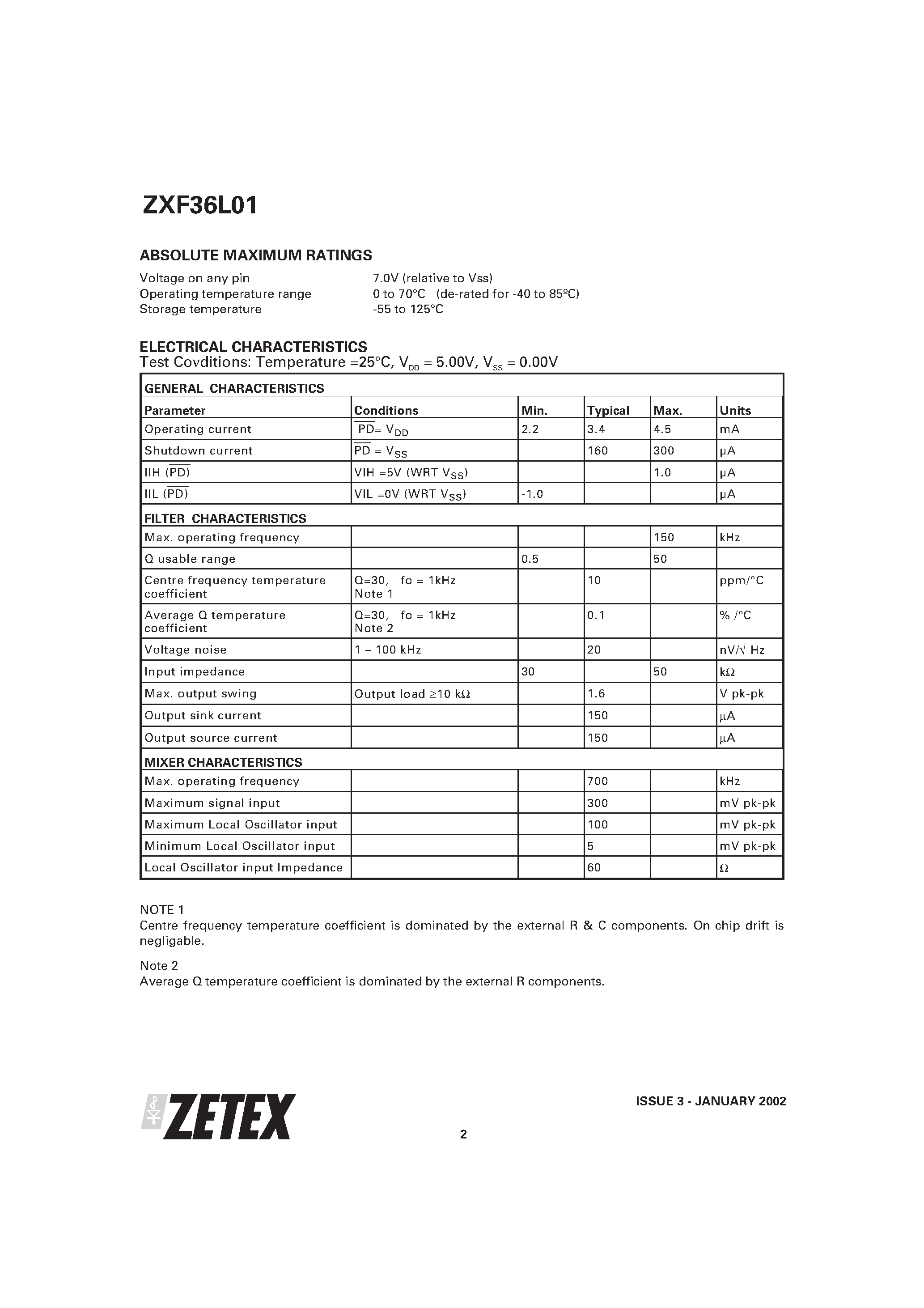 Datasheet ZXF36L01 - VARIABLE Q FILTER page 2