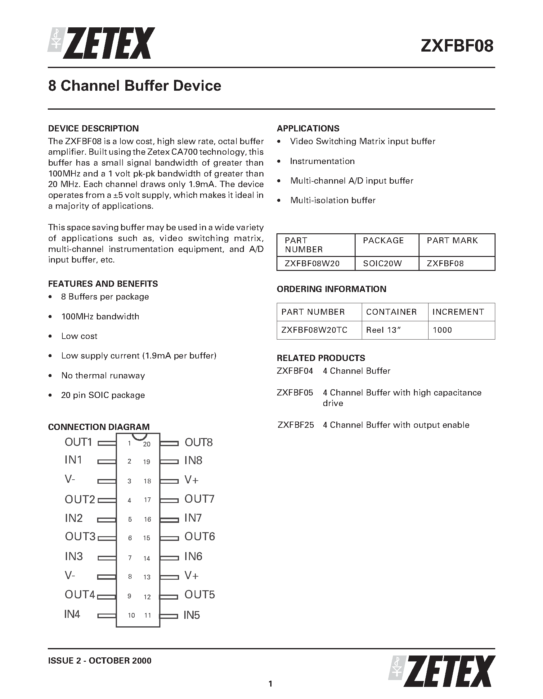 Datasheet ZXFBF08W20 - 8 Channel Buffer Device page 1