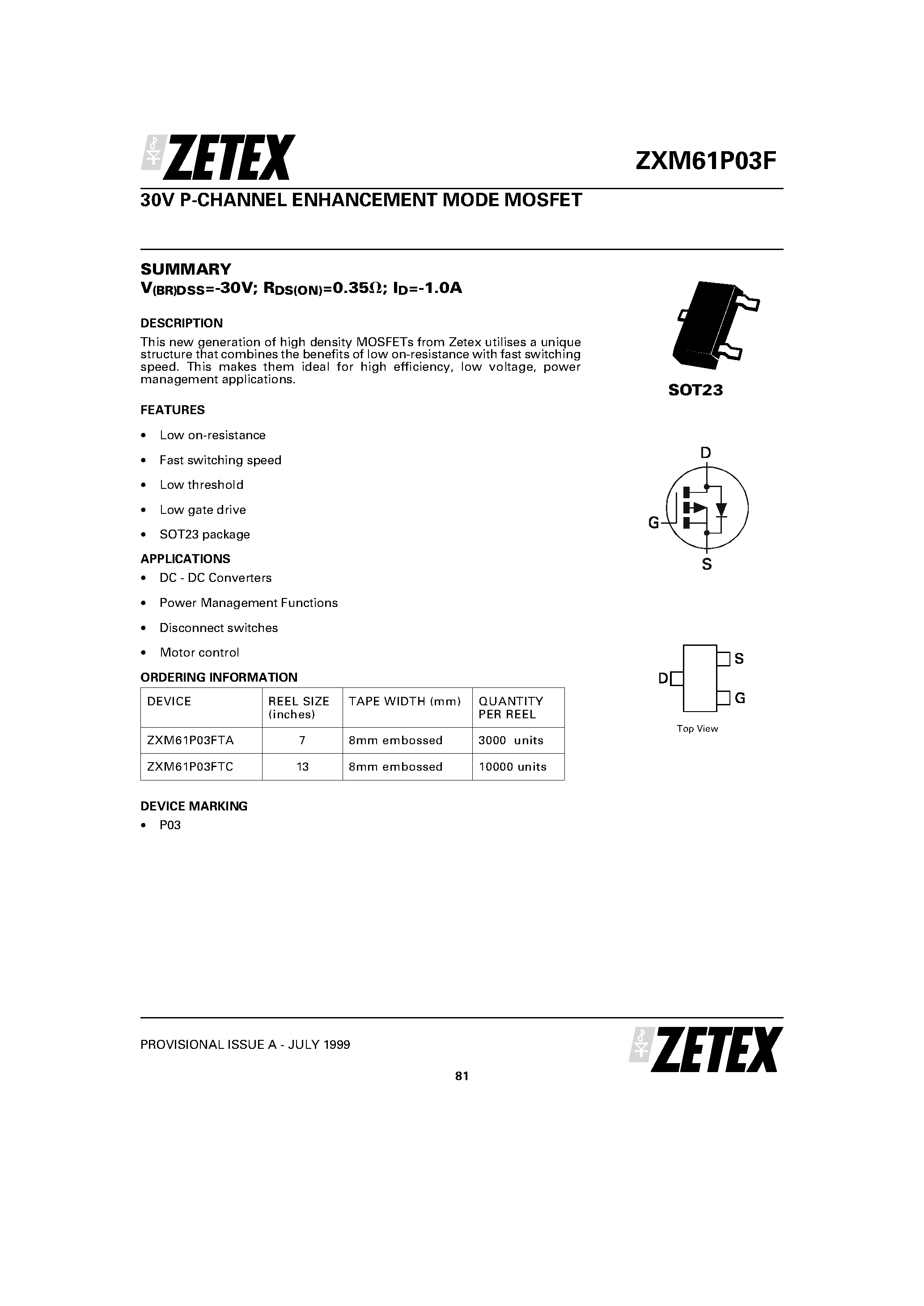 Даташит ZXM61P03 - 30V P-CHANNEL ENHANCEMENT MODE MOSFET страница 1