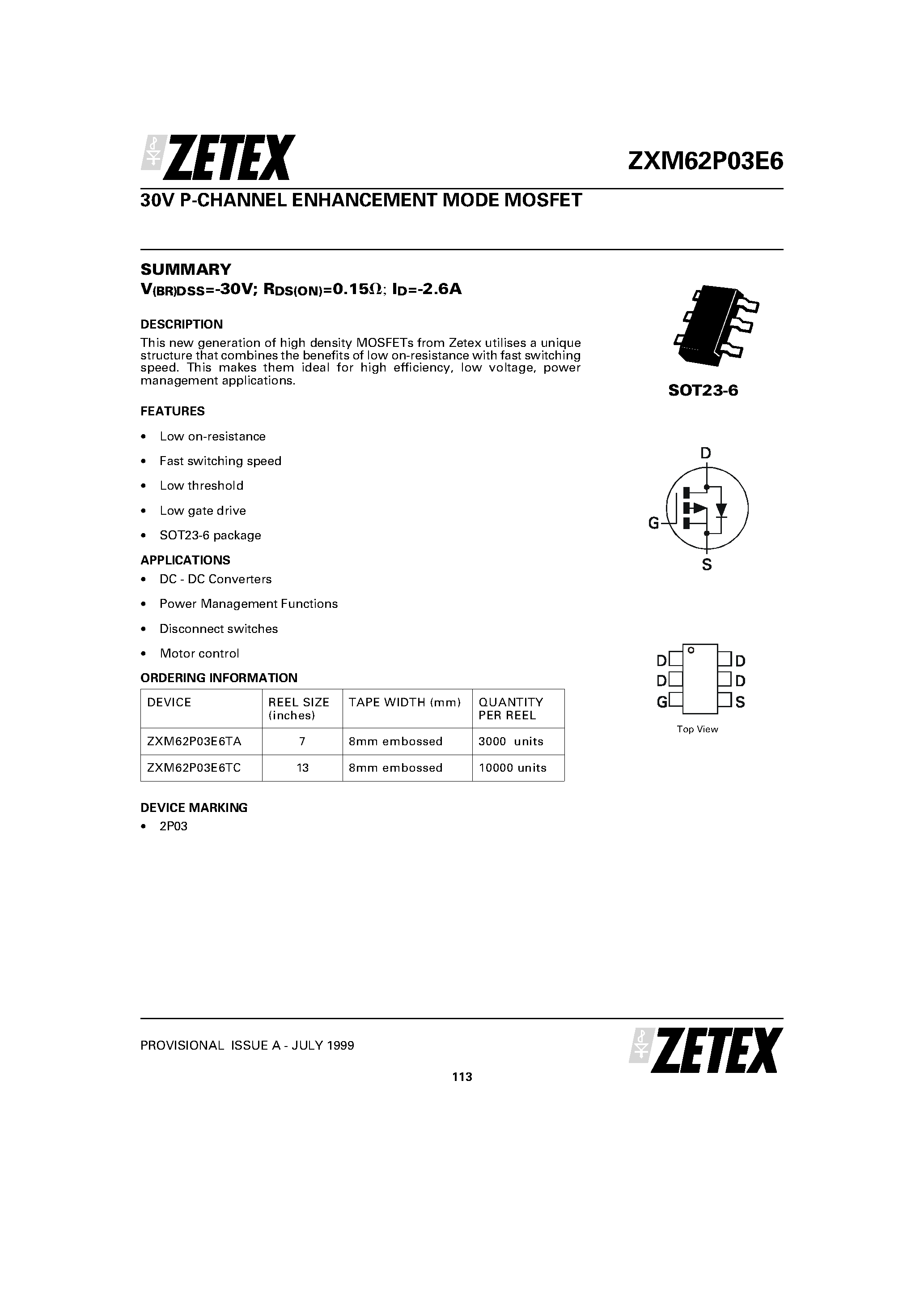 Datasheet ZXM62P03E6 - 30V P-CHANNEL ENHANCEMENT MODE MOSFET page 1