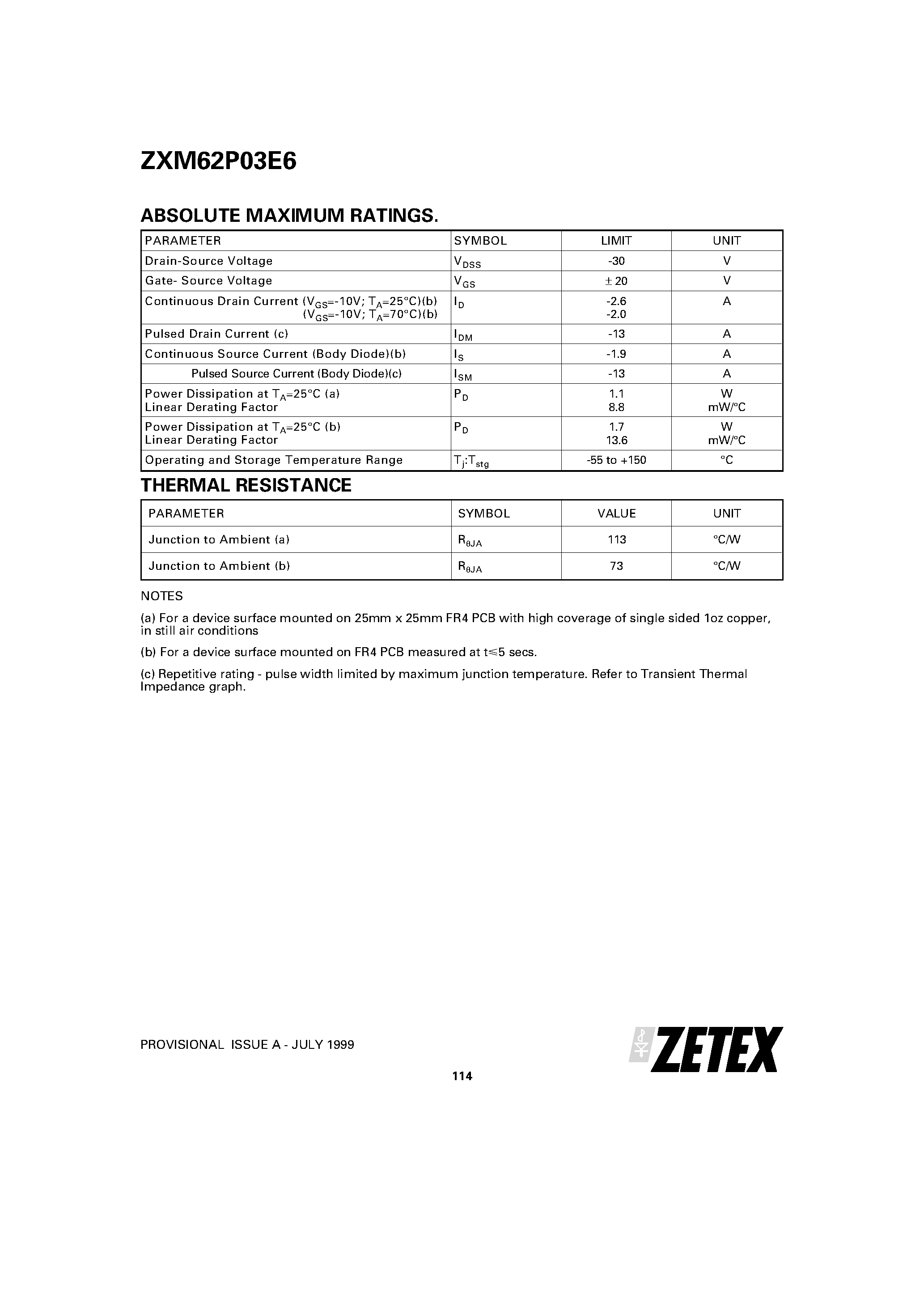 Datasheet ZXM62P03E6 - 30V P-CHANNEL ENHANCEMENT MODE MOSFET page 2