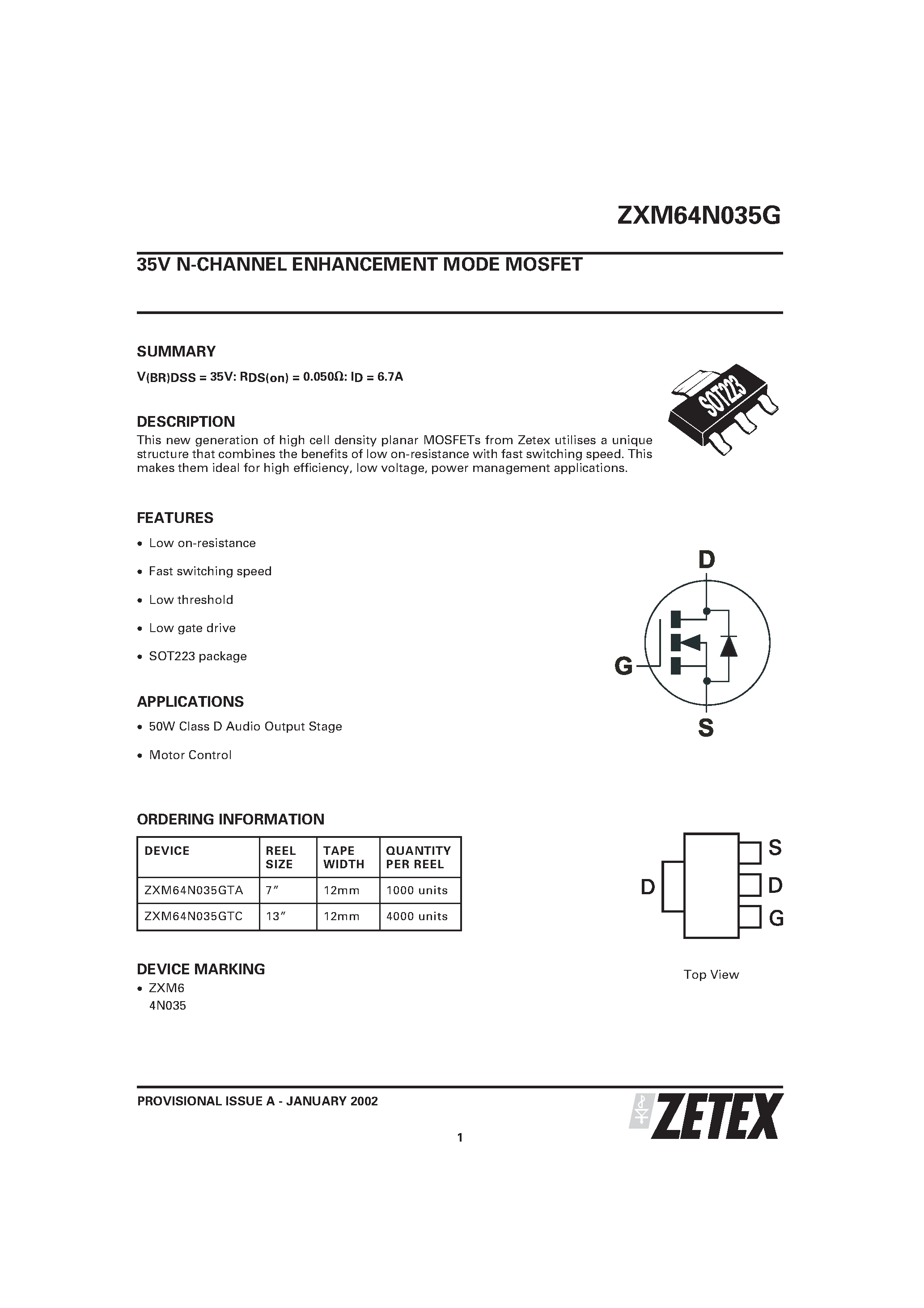 Даташит ZXM64N035G - 35V N-CHANNEL ENHANCEMENT MODE MOSFET страница 1