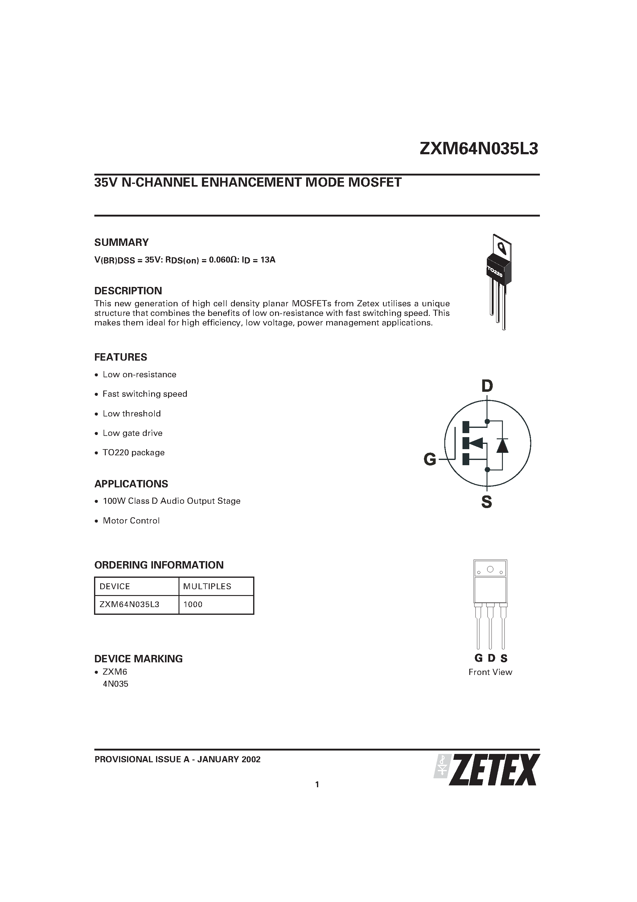 Даташит ZXM64N035L3 - 35V N-CHANNEL ENHANCEMENT MODE MOSFET страница 1