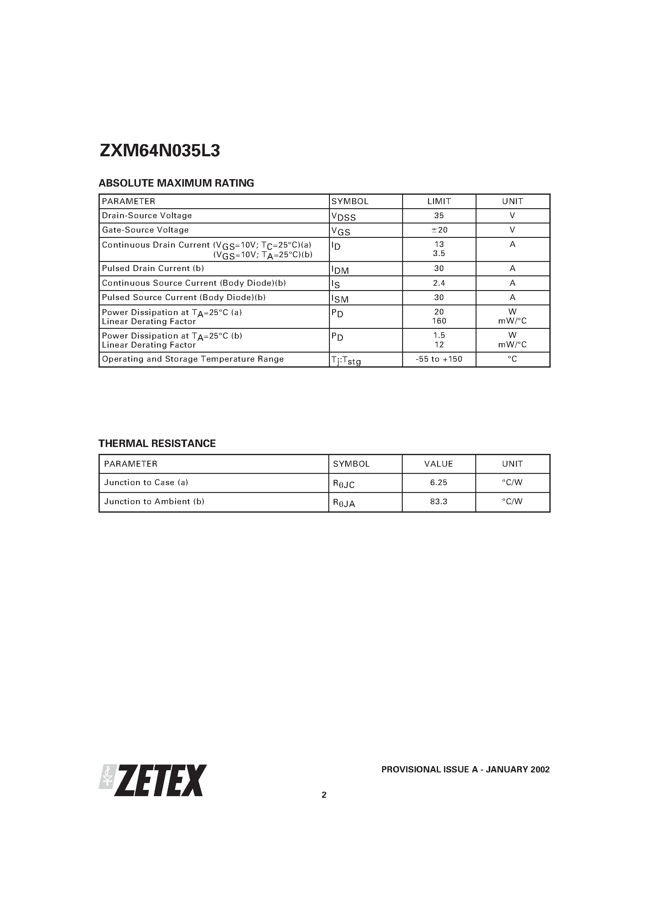 Datasheet ZXM64N035L3 - 35V N-CHANNEL ENHANCEMENT MODE MOSFET page 2