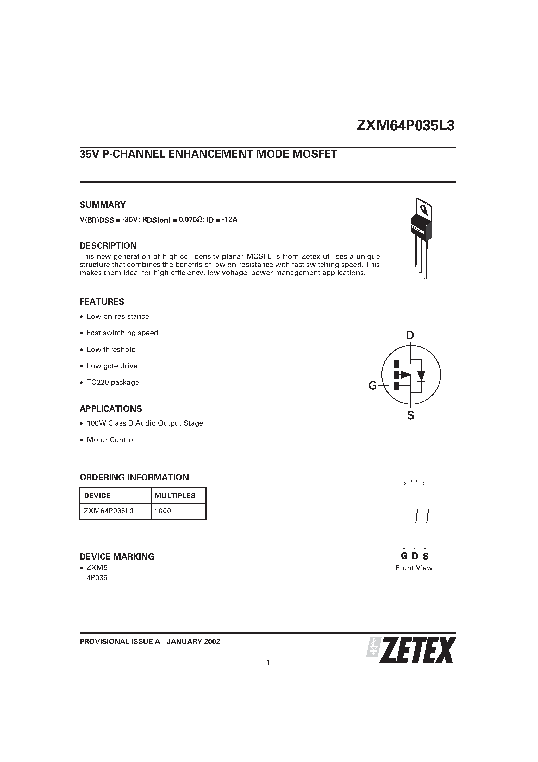Даташит ZXM64P03 - 35V P-CHANNEL ENHANCEMENT MODE MOSFET страница 1