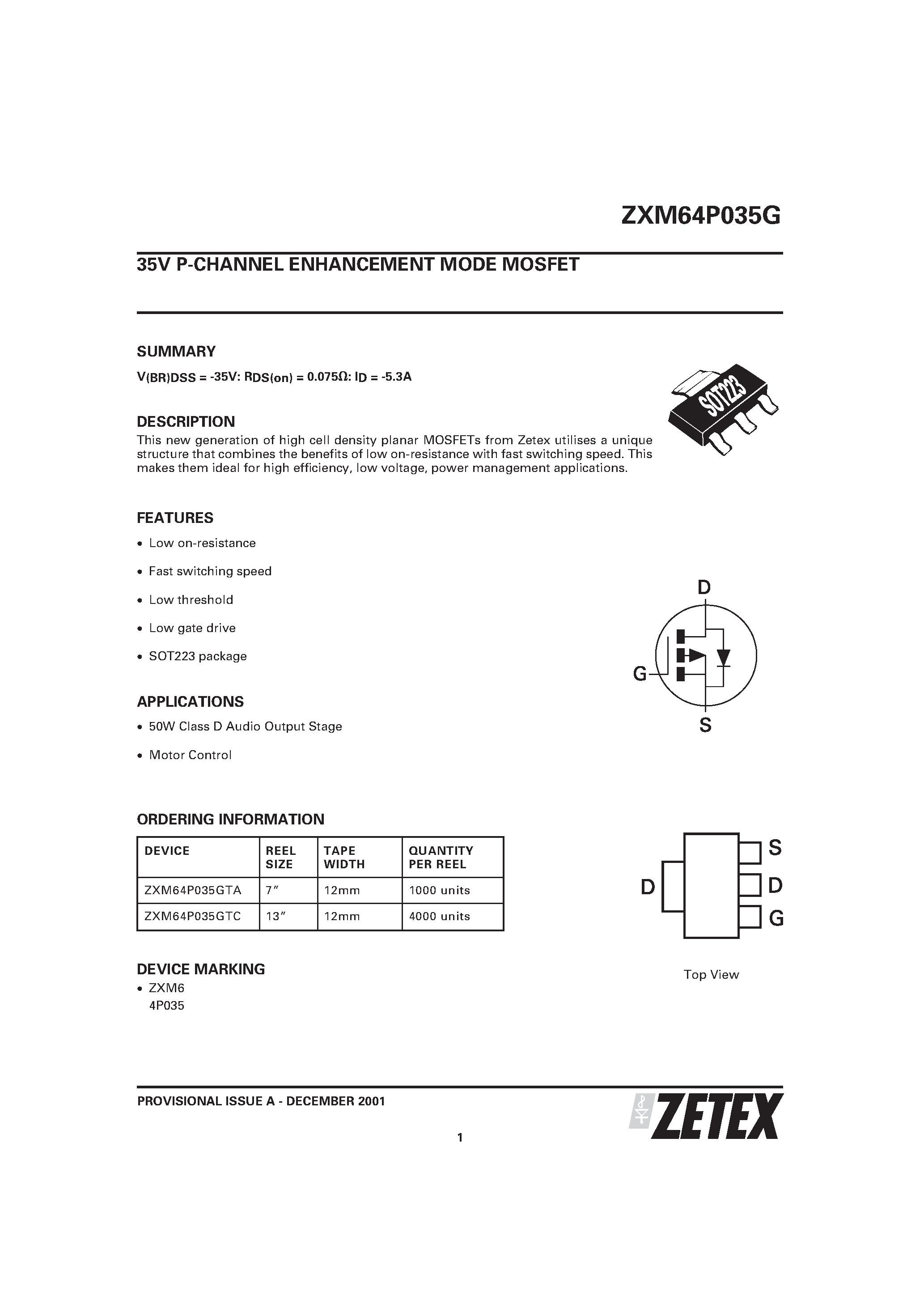 Даташит ZXM64P035G - 35V P-CHANNEL ENHANCEMENT MODE MOSFET страница 1