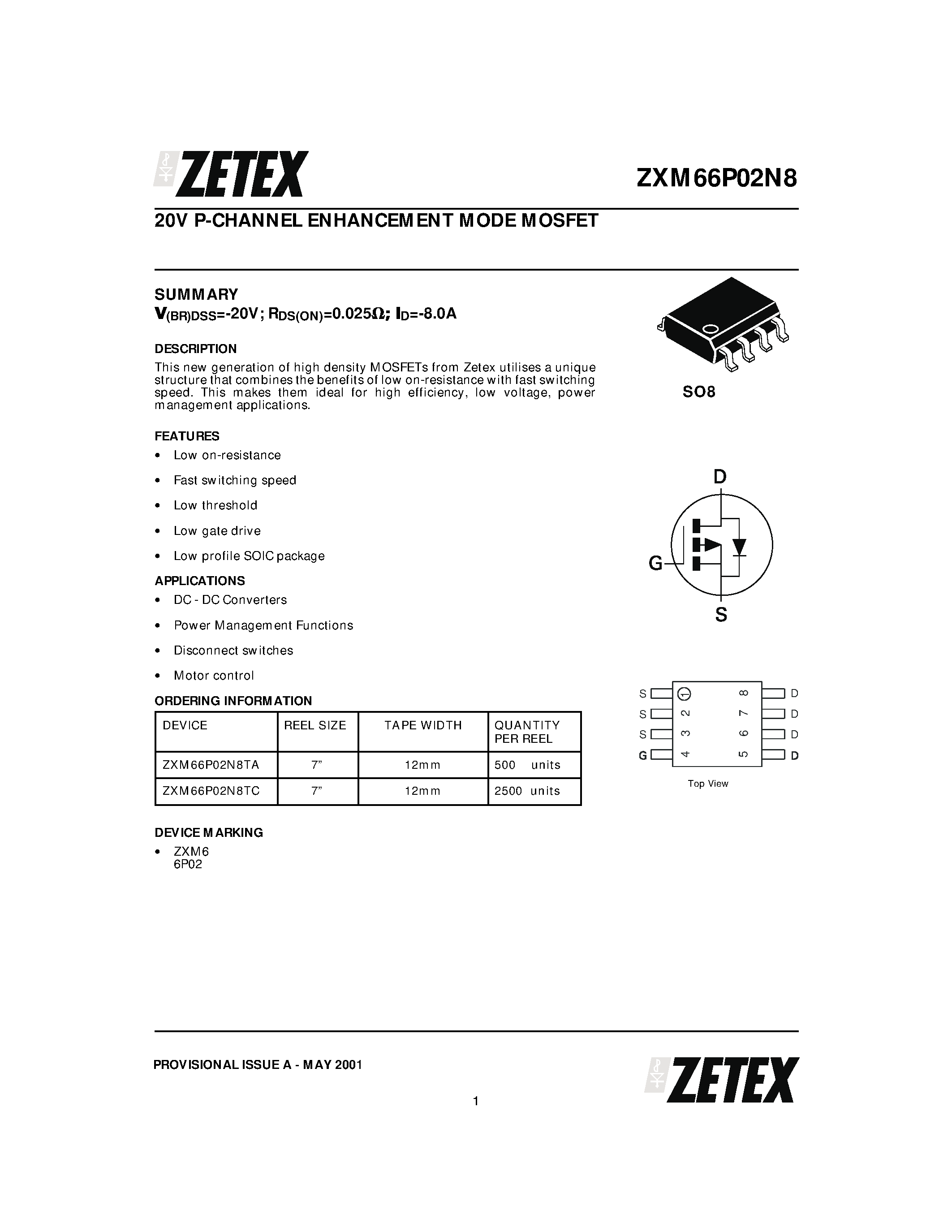Даташит ZXM66P02N8 - 20V P-CHANNEL ENHANCEMENT MODE MOSFET страница 1