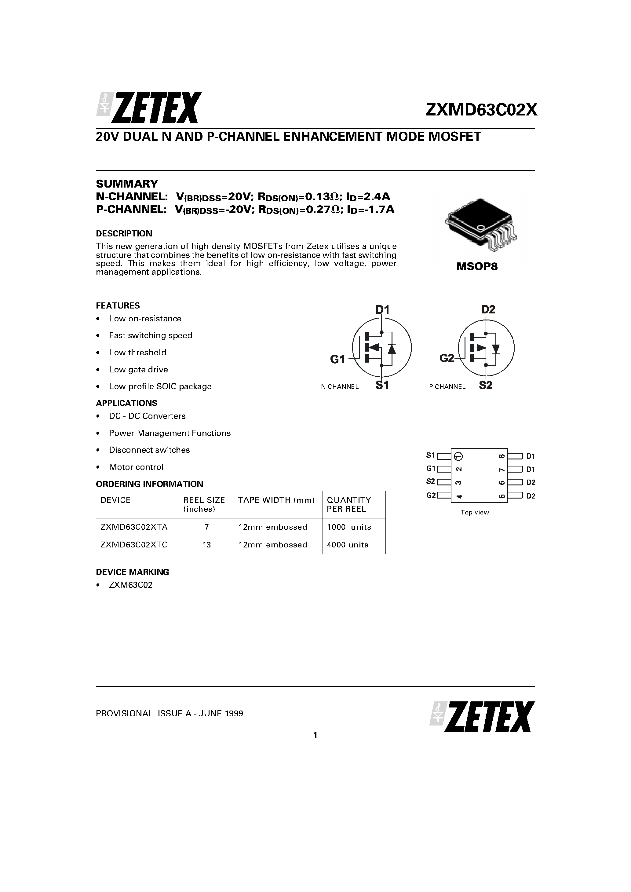 Даташит ZXMD63C02X - 20V DUAL N AND P-CHANNEL ENHANCEMENT MODE MOSFET страница 1