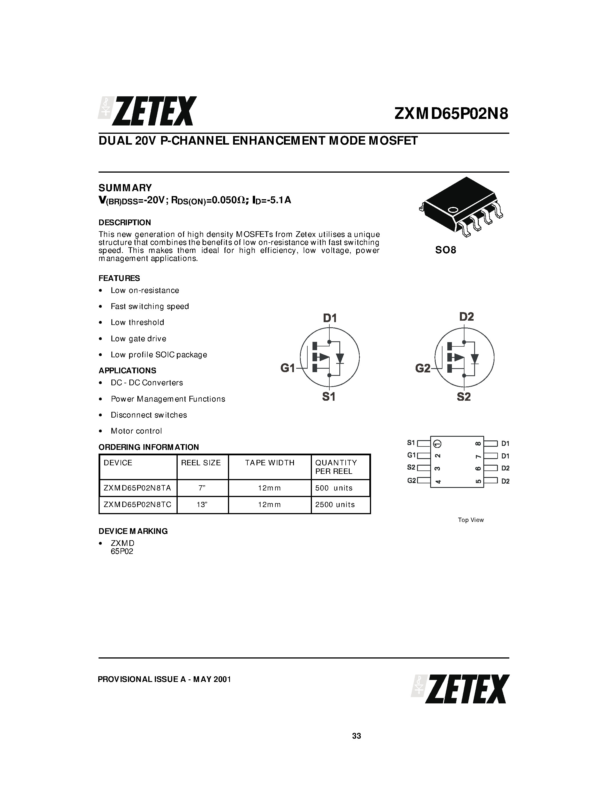 Datasheet ZXMD65P02N8 - DUAL 20V P-CHANNEL ENHANCEMENT MODE MOSFET page 1