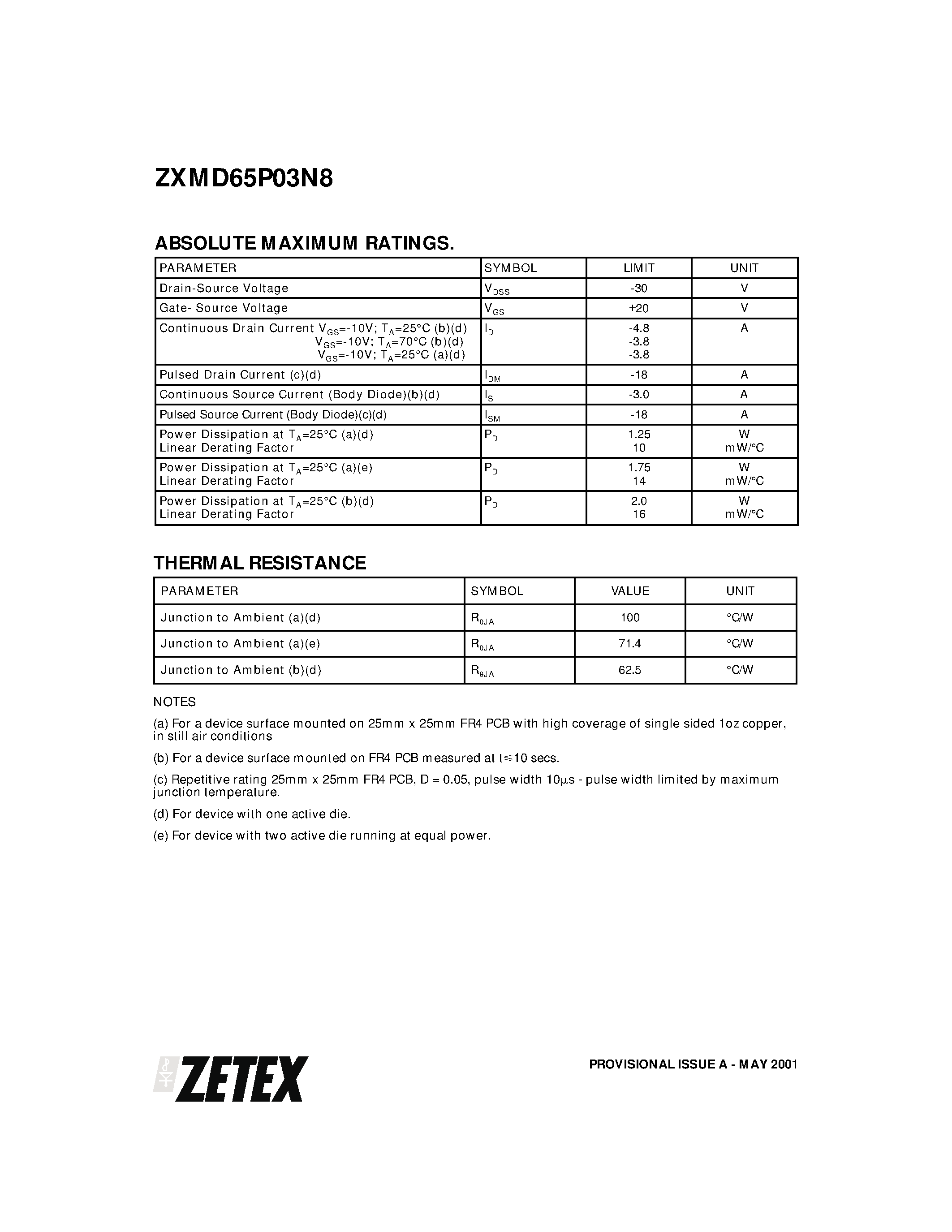 Datasheet ZXMD65P03N8 - DUAL 30V P-CHANNEL ENHANCEMENT MODE MOSFET page 2