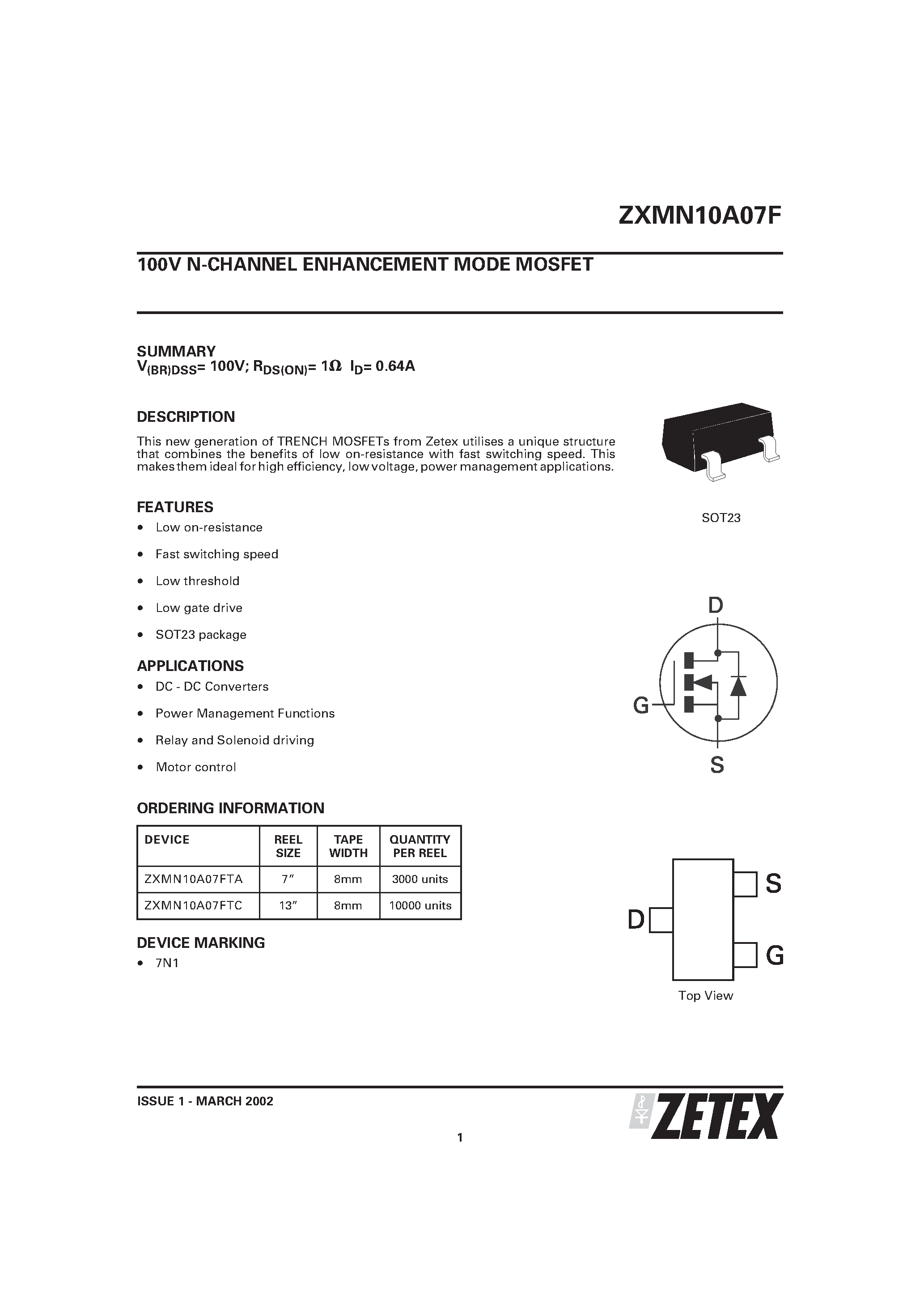 Даташит ZXMN10A07F - 100V N-CHANNEL ENHANCEMENT MODE MOSFET страница 1