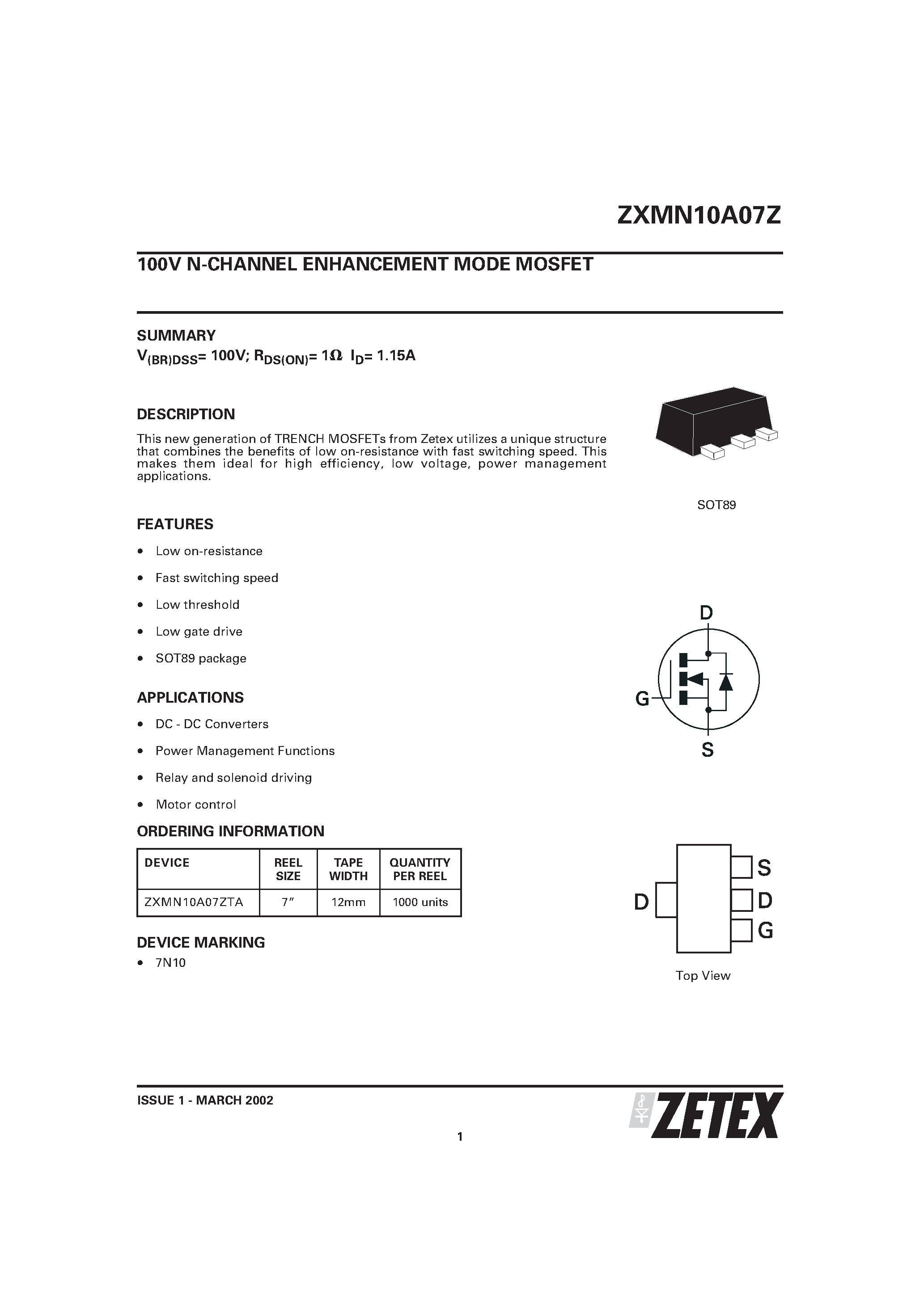 Даташит ZXMN10A07Z - 100V N-CHANNEL ENHANCEMENT MODE MOSFET страница 1