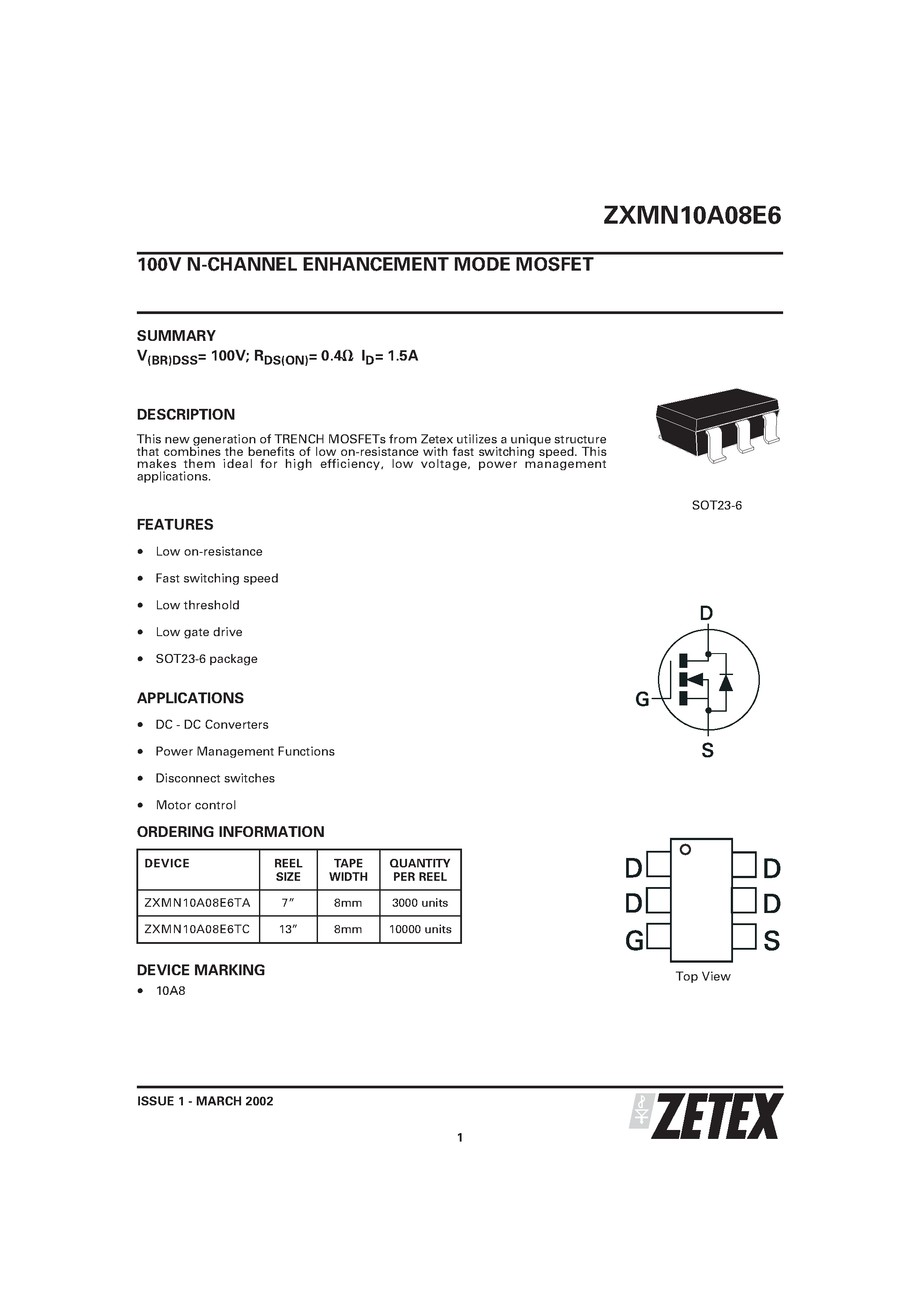 Даташит ZXMN10A08E6 - 100V N-CHANNEL ENHANCEMENT MODE MOSFET страница 1