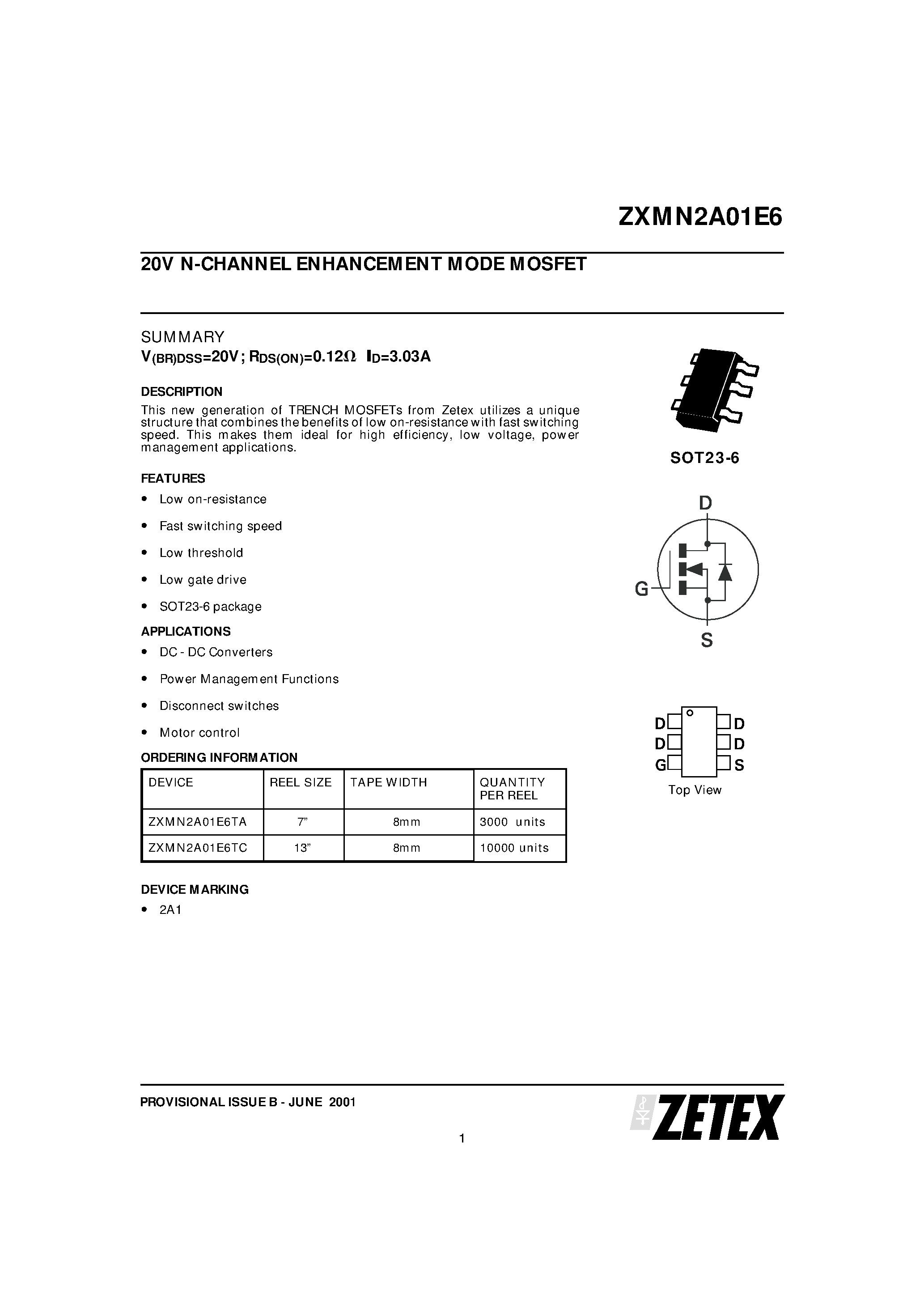 Даташит ZXMN2A01E6 - 20V N-CHANNEL ENHANCEMENT MODE MOSFET страница 1