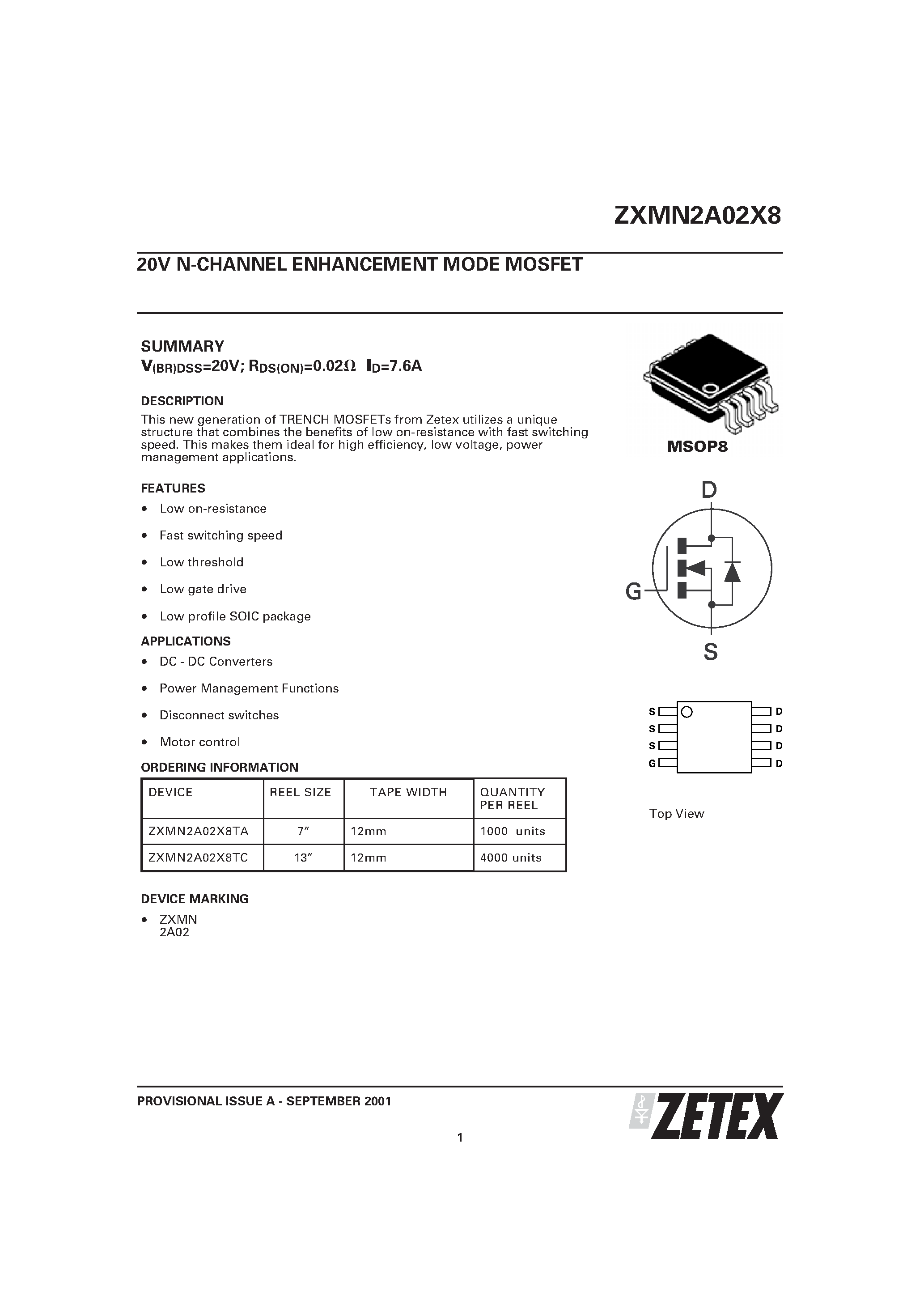 Даташит ZXMN2A02X8 - 20V N-CHANNEL ENHANCEMENT MODE MOSFET страница 1