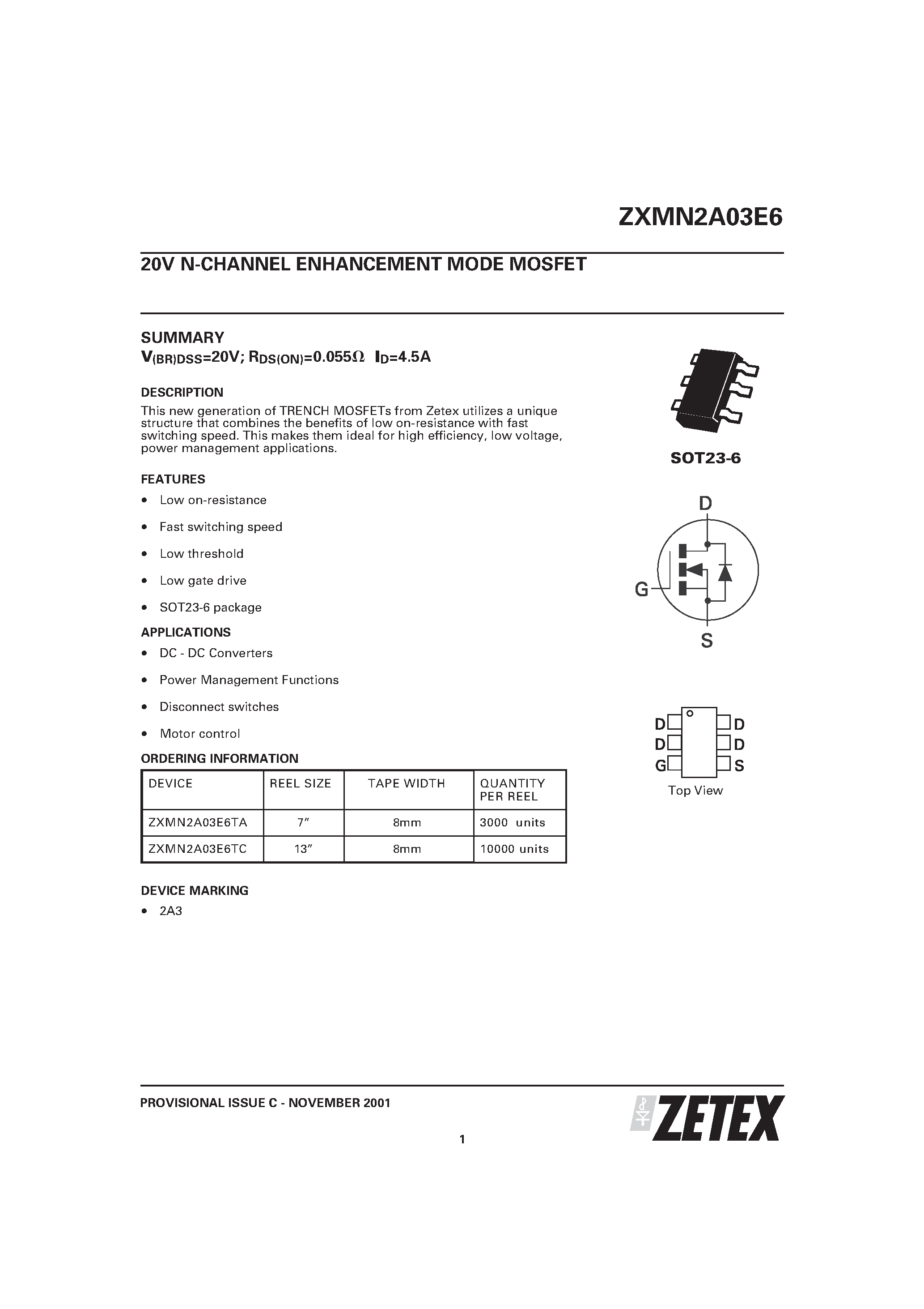 Даташит ZXMN2A03E6 - 20V N-CHANNEL ENHANCEMENT MODE MOSFET страница 1