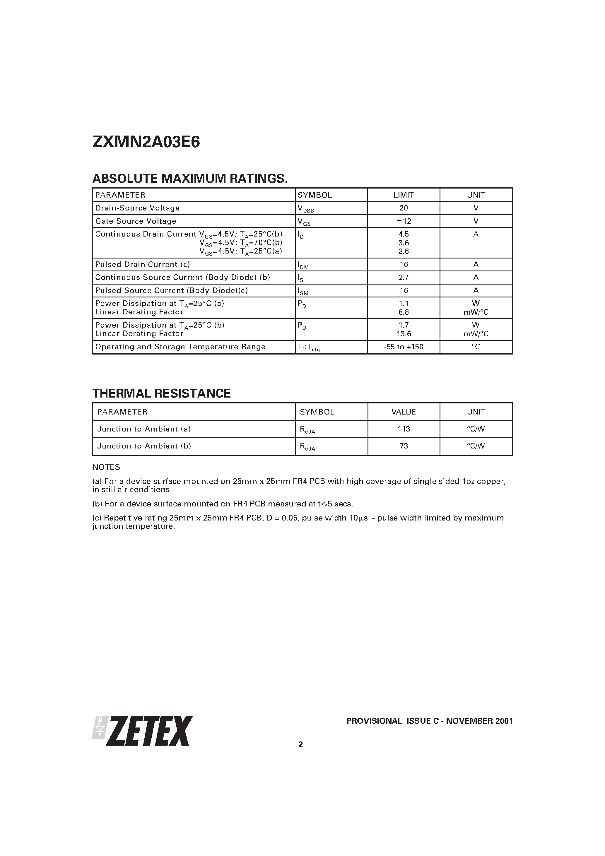 Даташит ZXMN2A03E6 - 20V N-CHANNEL ENHANCEMENT MODE MOSFET страница 2