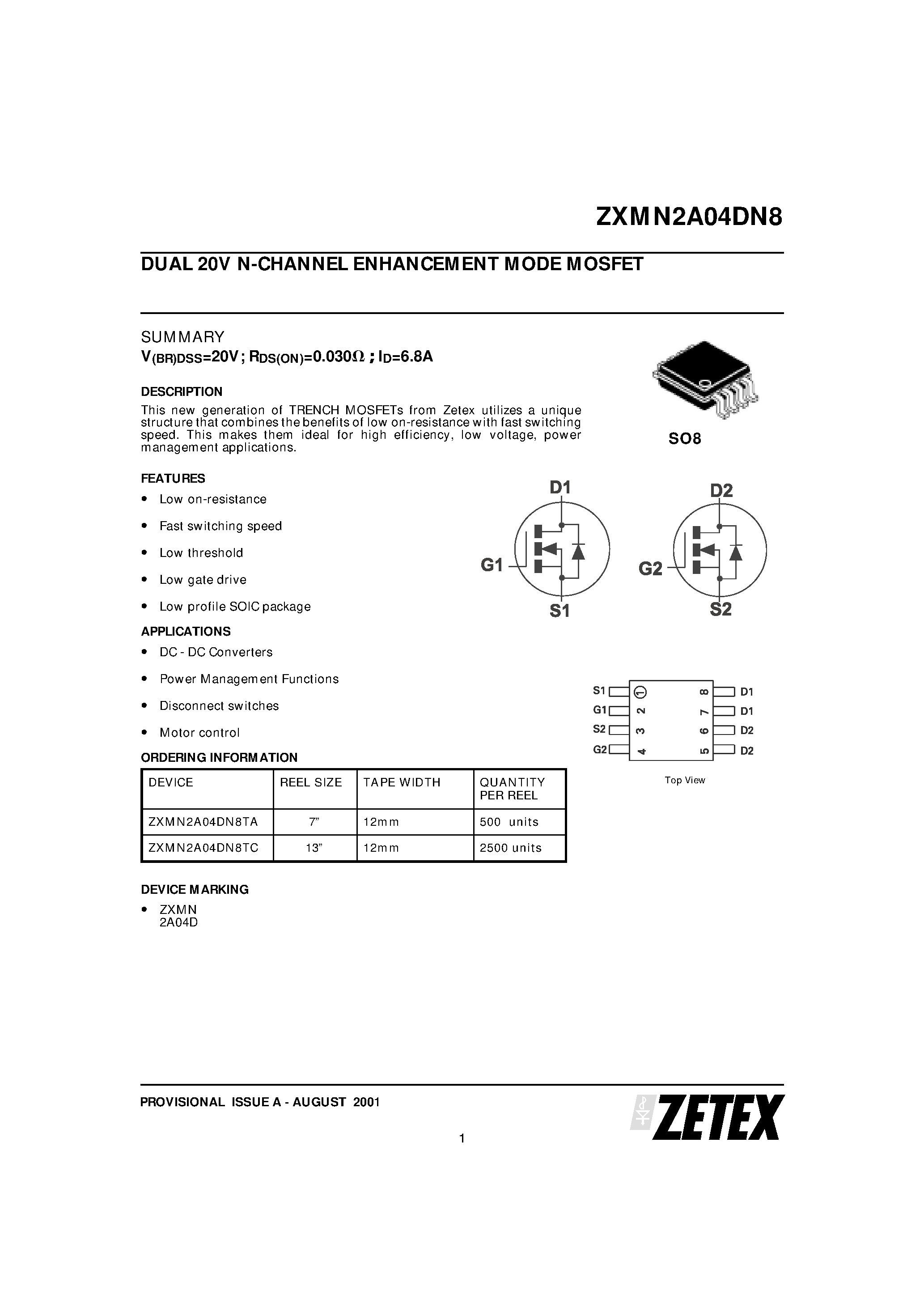 Даташит ZXMN2A04DN8 - DUAL 20V N-CHANNEL ENHANCEMENT MODE MOSFET страница 1