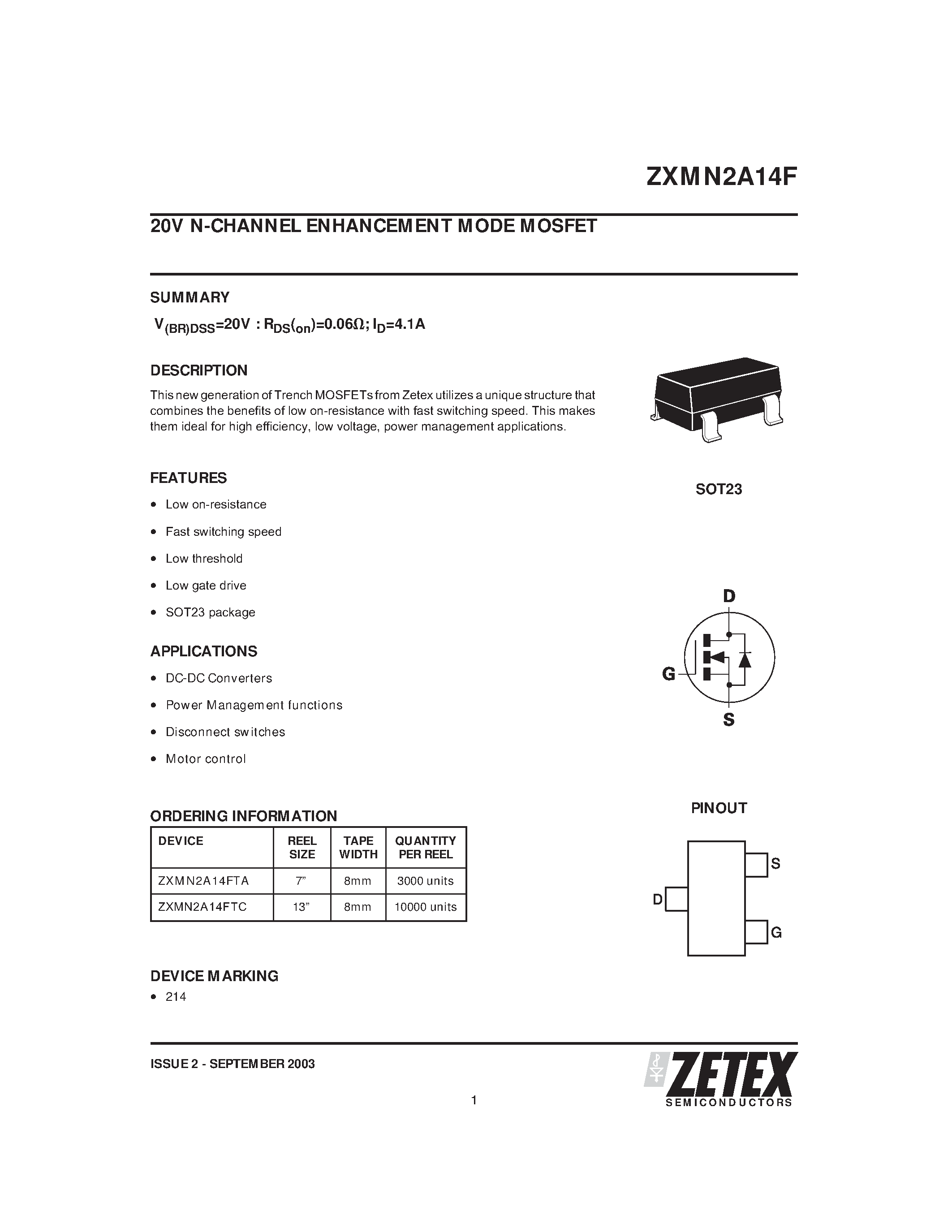 Даташит ZXMN2A14F - 20V N-CHANNEL ENHANCEMENT MODE MOSFET страница 1
