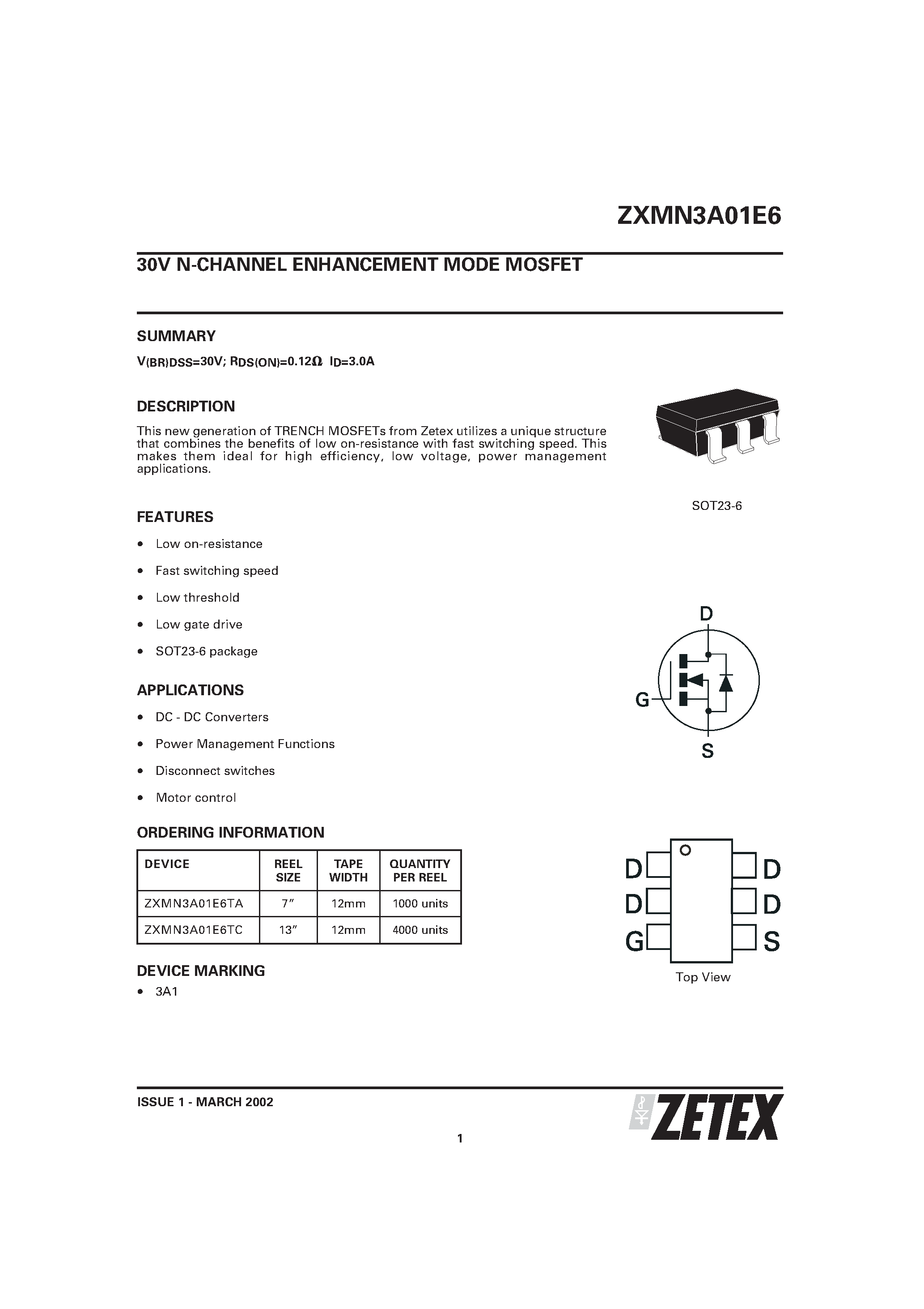 Datasheet ZXMN3A01E6 - 30V N-CHANNEL ENHANCEMENT MODE MOSFET page 1