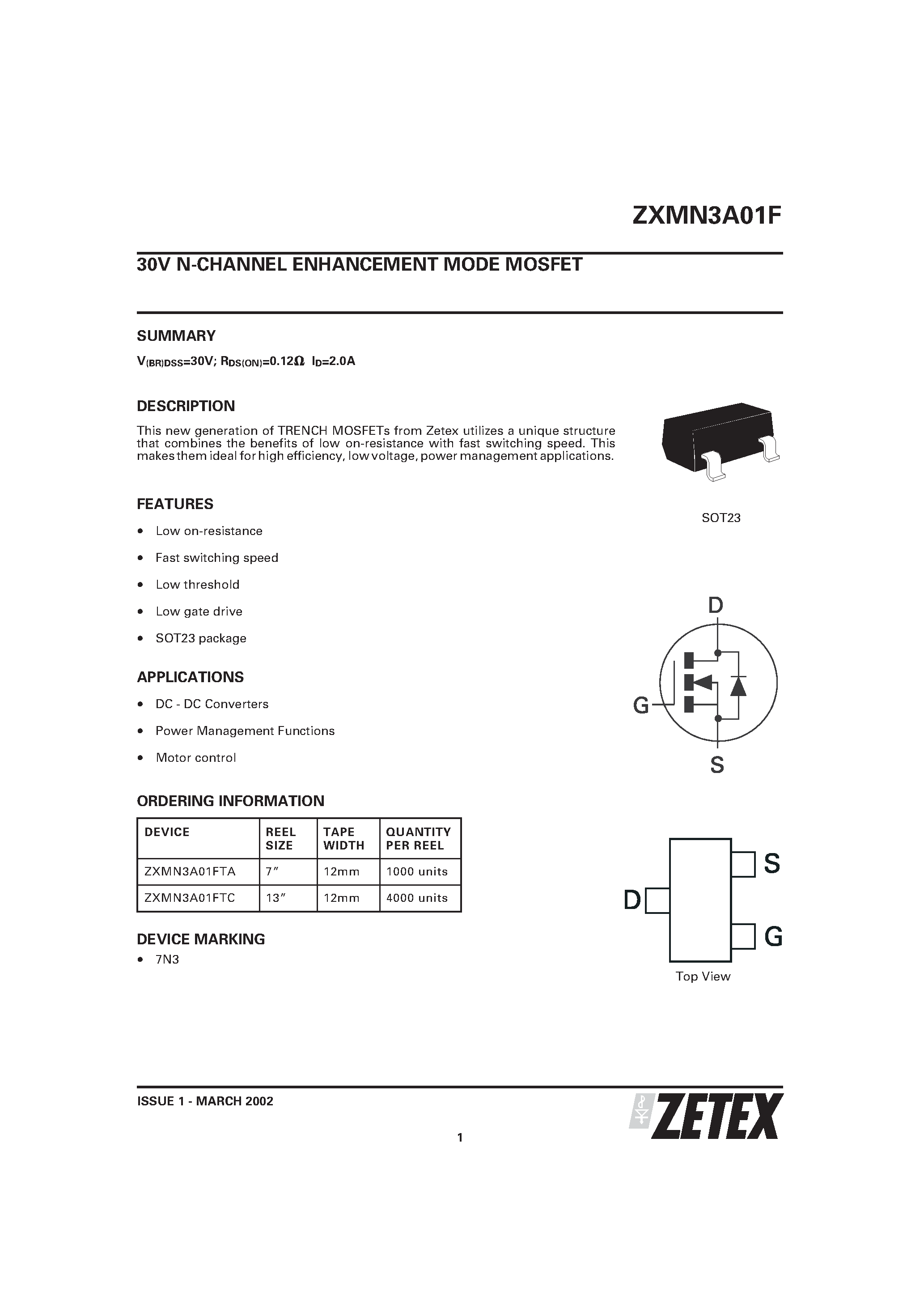 Datasheet ZXMN3A01F - 30V N-CHANNEL ENHANCEMENT MODE MOSFET page 1