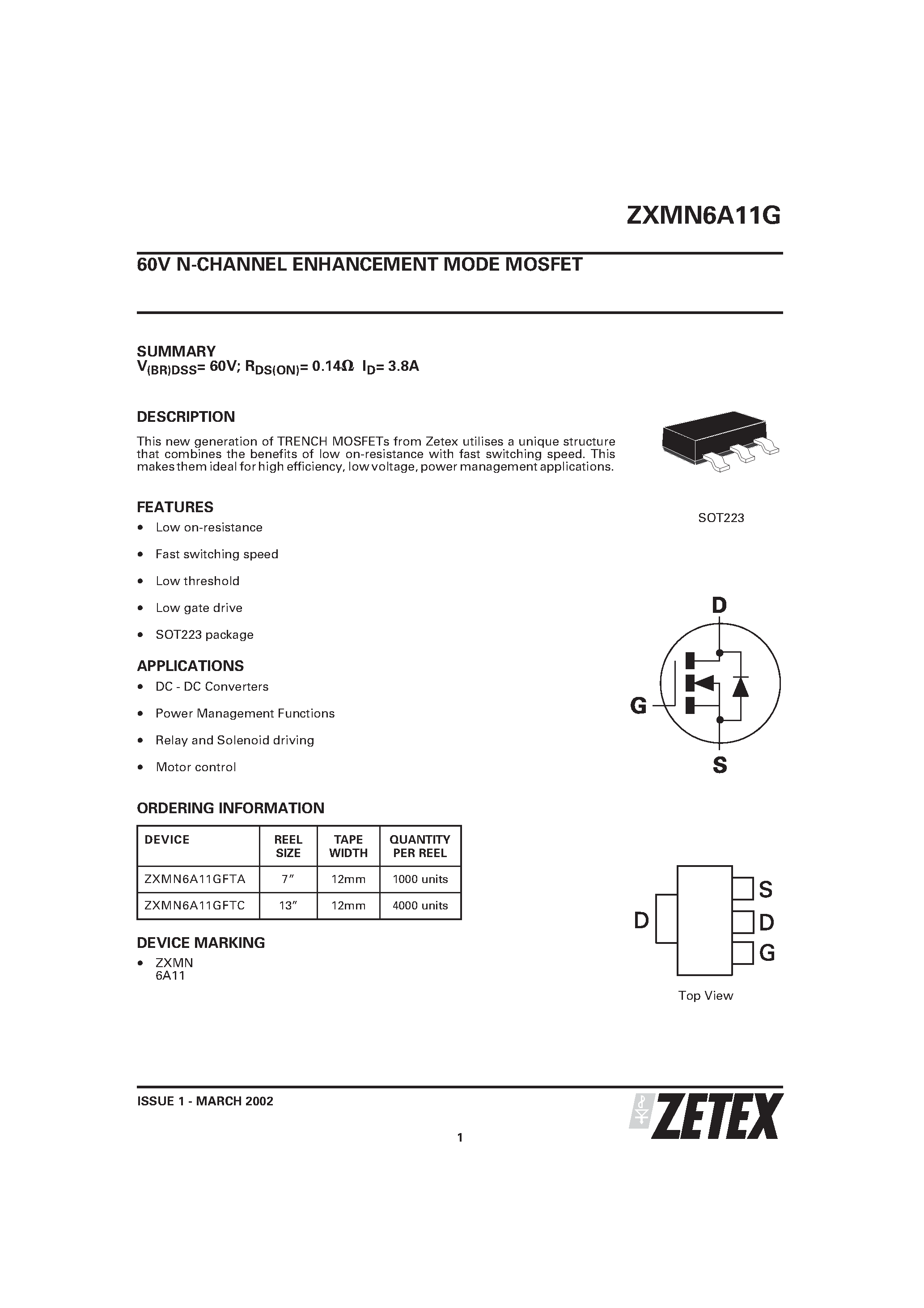 Datasheet ZXMN6A11G - 60V N-CHANNEL ENHANCEMENT MODE MOSFET page 1