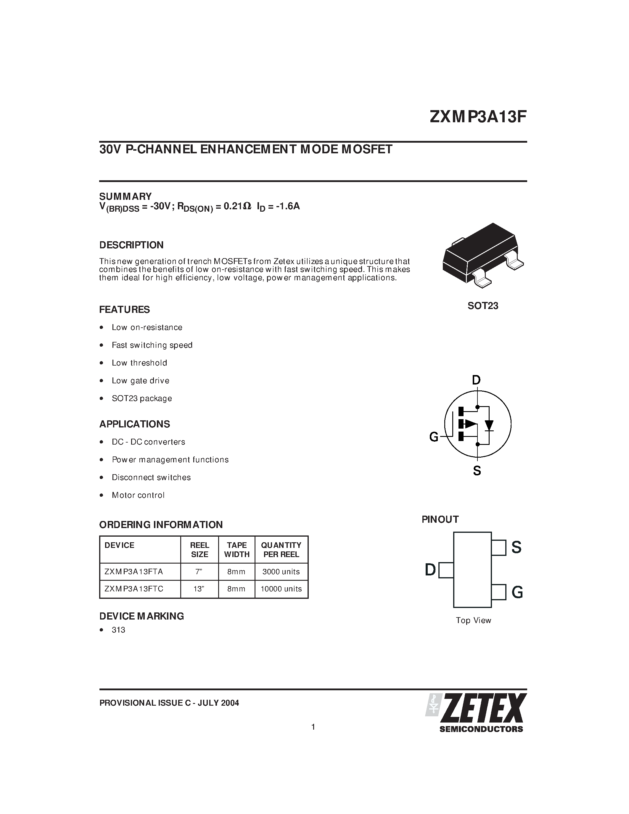 Даташит ZXMP3A13F - 30V P-CHANNEL ENHANCEMENT MODE MOSFET страница 1