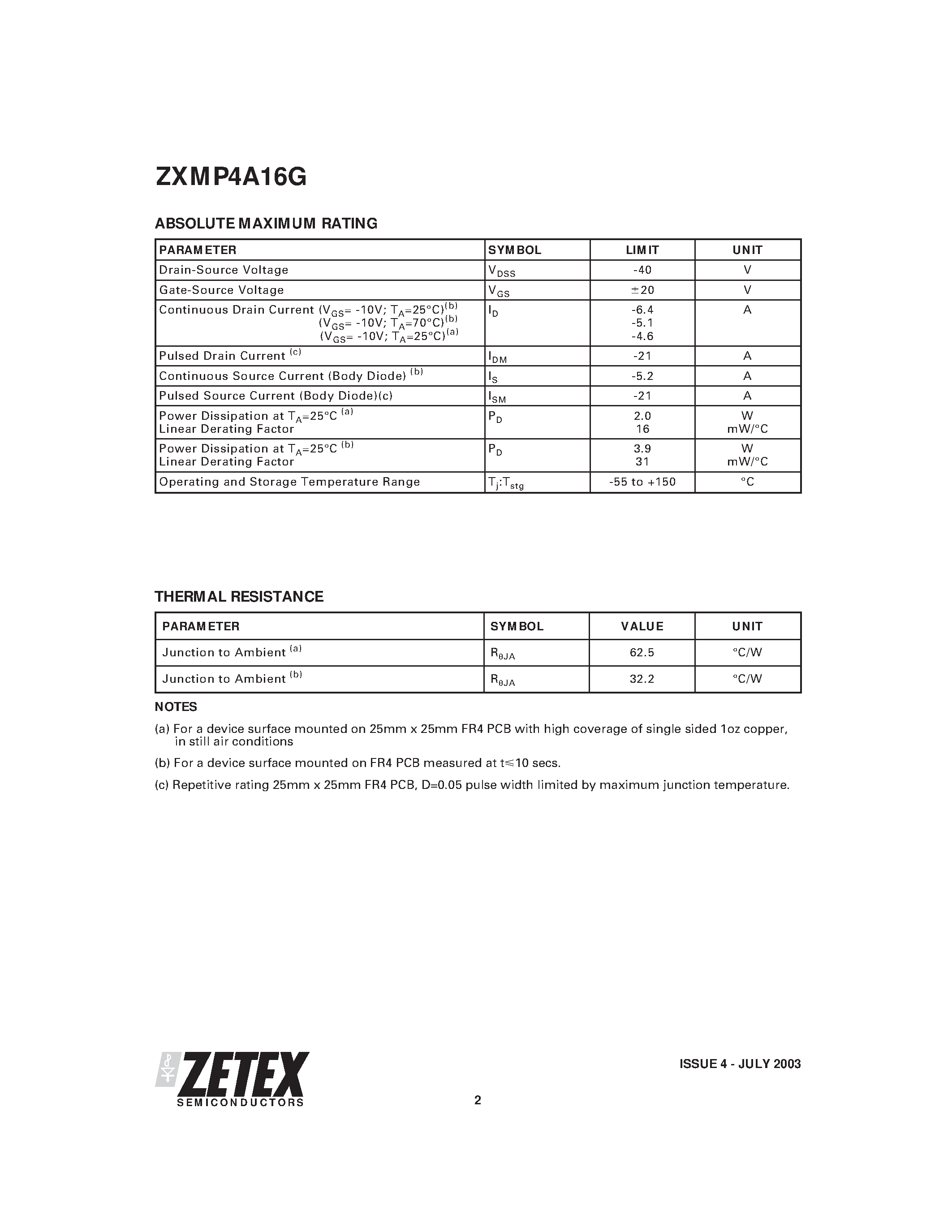 Даташит ZXMP4A16G - 40V P-CHANNEL ENHANCEMENT MODE MOSFET страница 2
