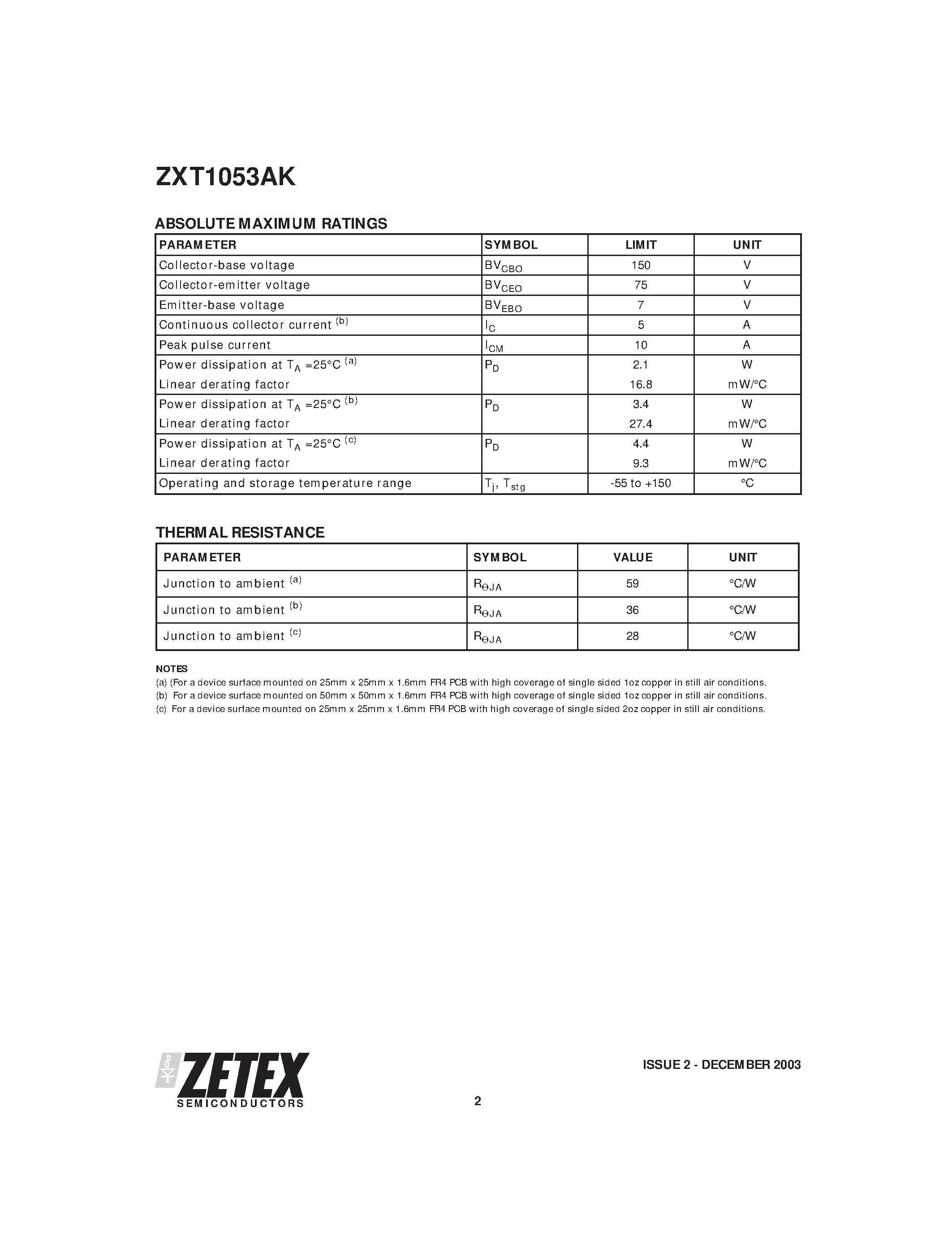 Datasheet ZXT1053AK - 75V NPN LOW SATURATION MEDIUM POWER TRANSISTOR IN D-PAK page 2