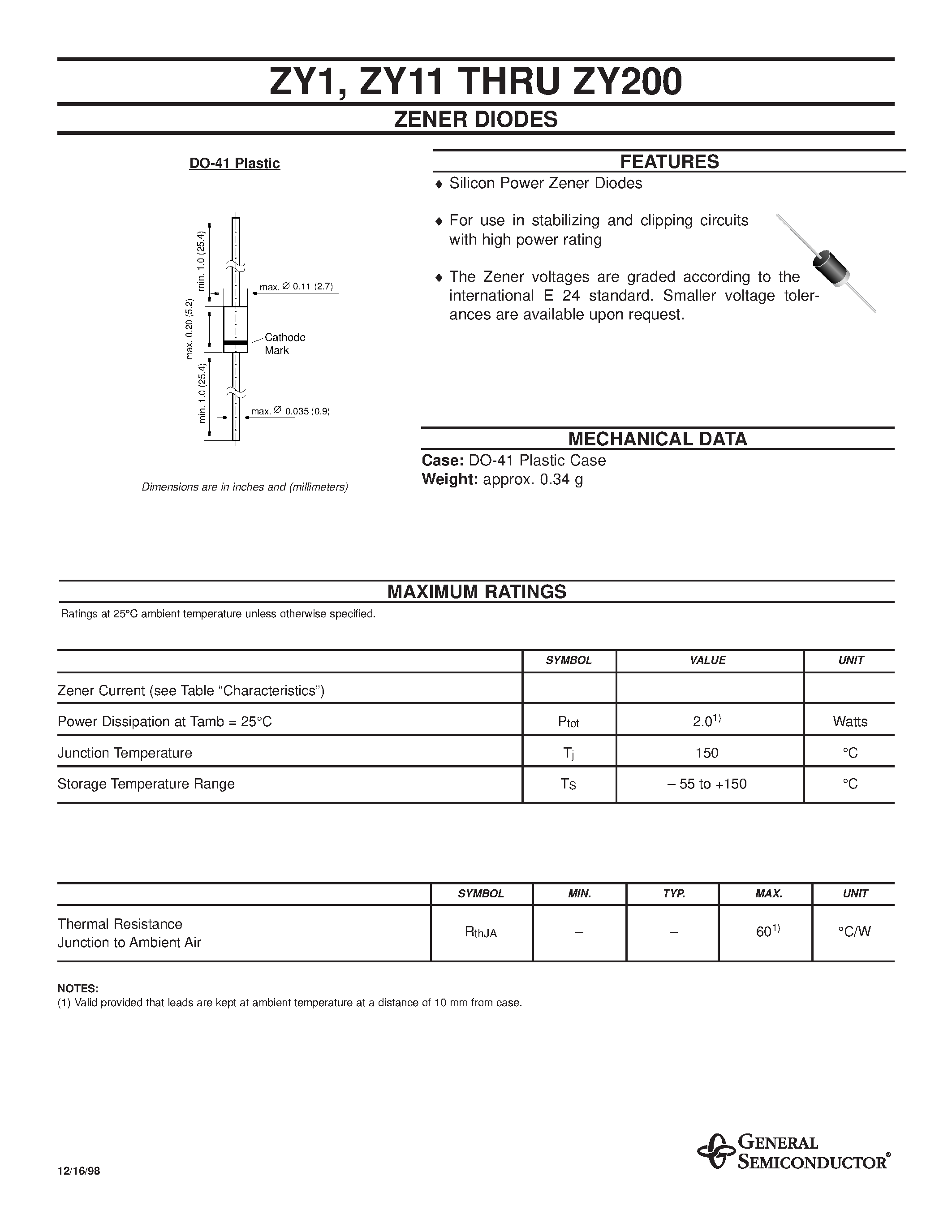 Datasheet ZY75 - ZENER DIODES page 1