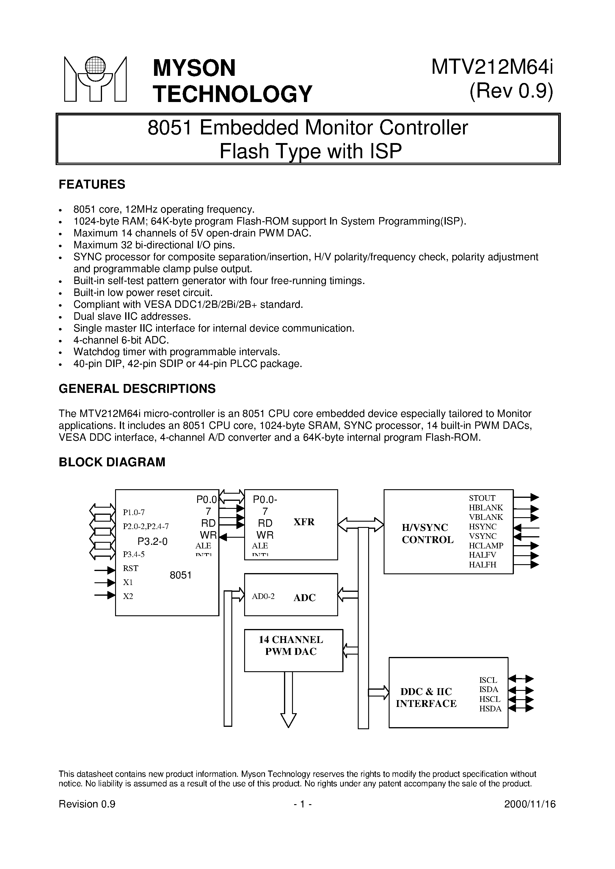Datasheet MTV212M64I - 8051 Embedded Monitor Controller Flash Type with ISP page 1
