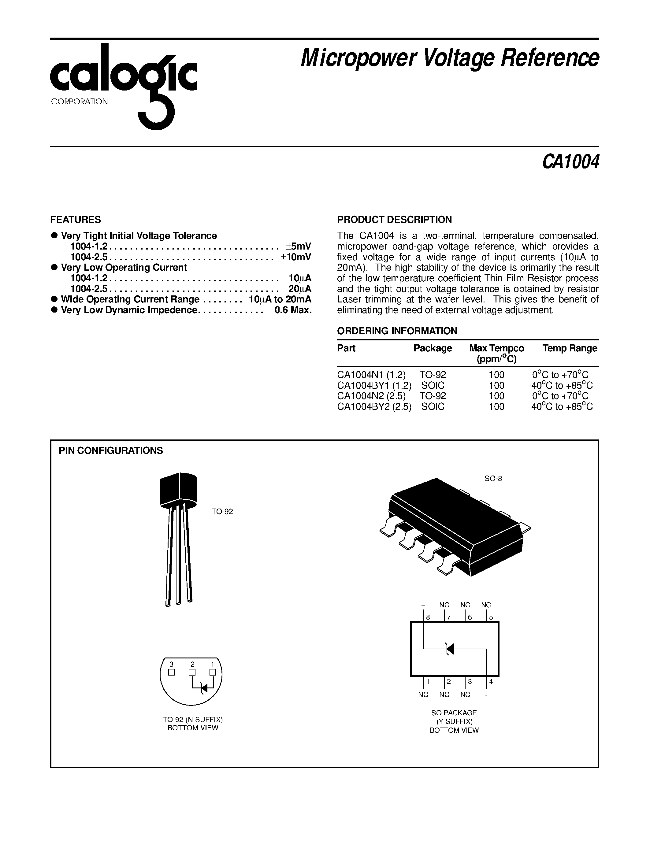 Datasheet CA1004 - Micropower Voltage Reference page 1